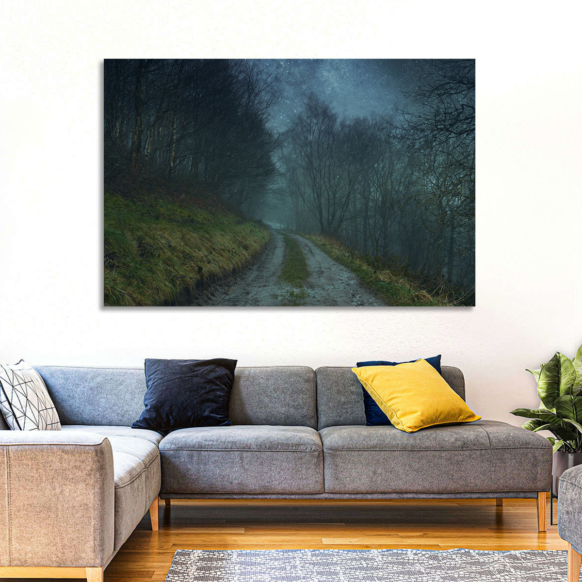 Misty Forest Pathway Wall Art in a room, landscape