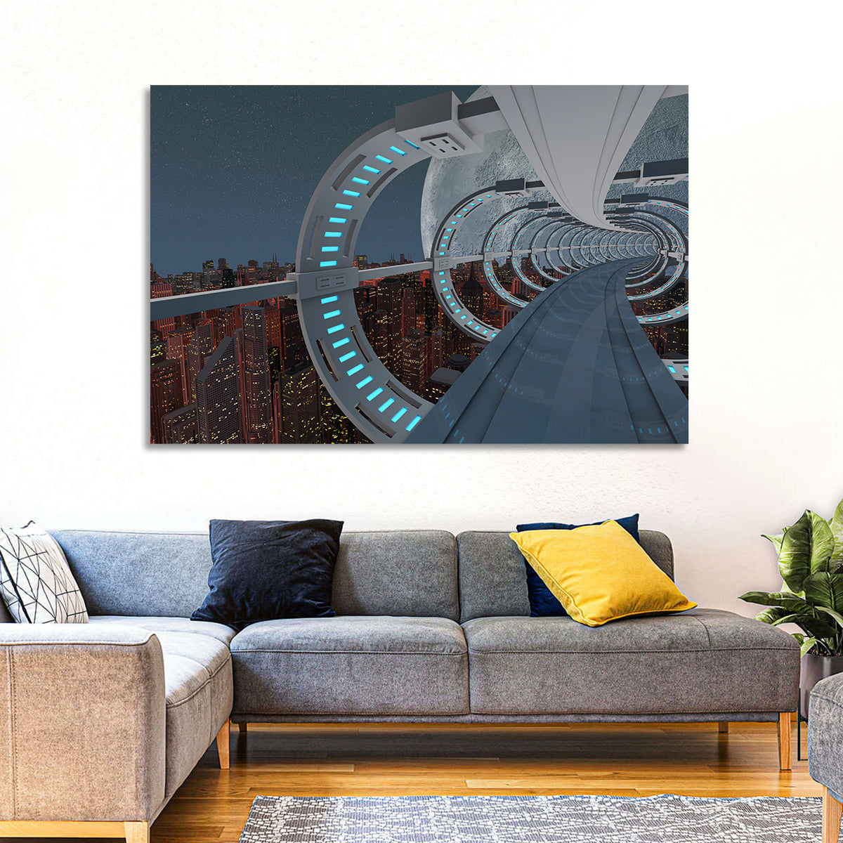 Futuristic City Tunnel with Moon Wall Art