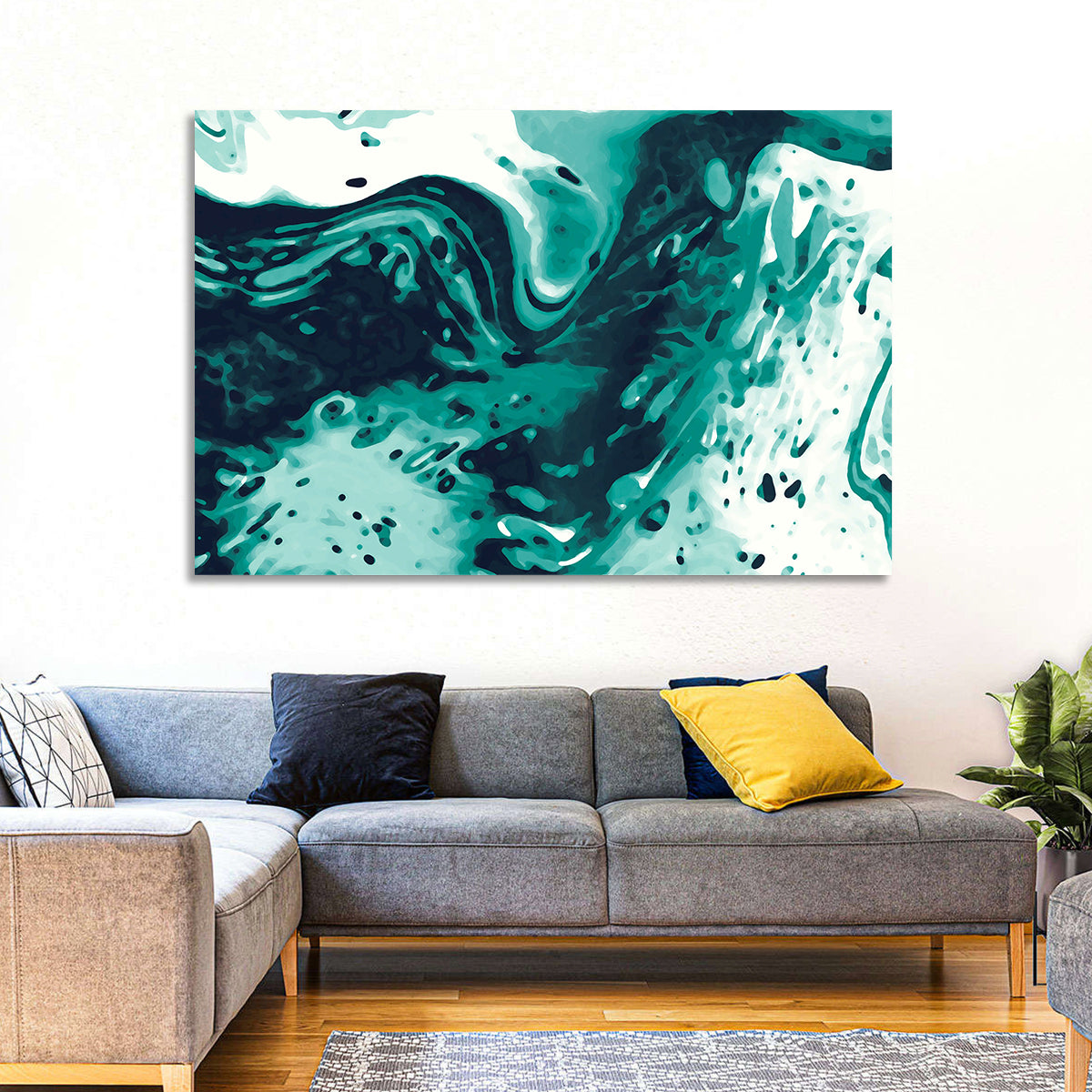 Teal Wave Abstract Wall Art in a room, landscape