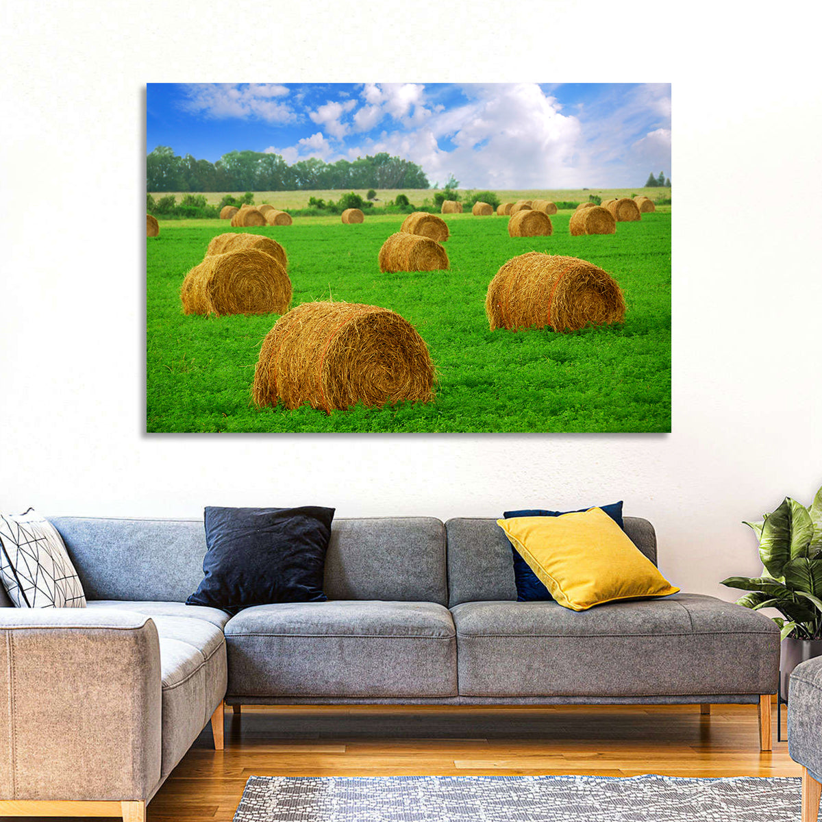 Golden Hay Bales in Green Field Wall Art