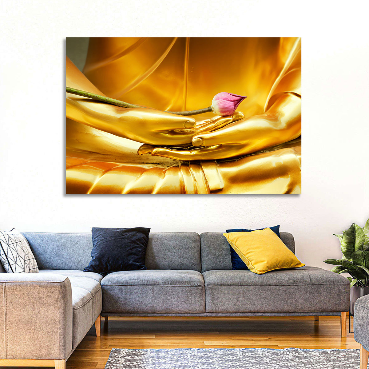 Buddha Hands with Lotus Wall Art in a room, landscape