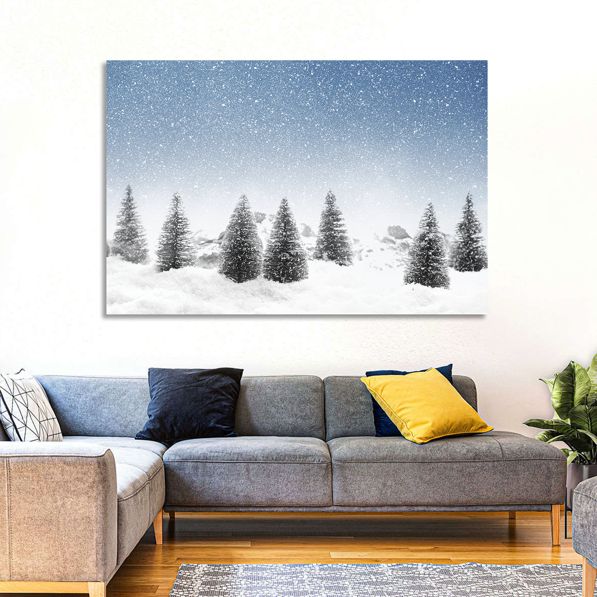 Winter Pine Trees Landscape Wall Art in a room, landscape