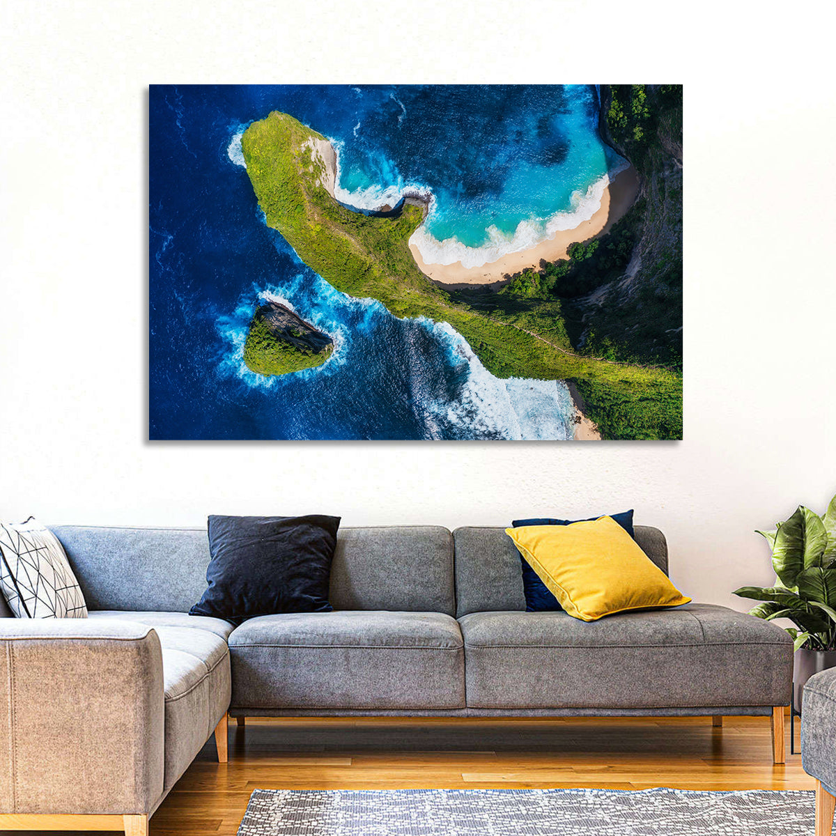 Kelingking Beach Cliffs Wall Art in a room, landscape