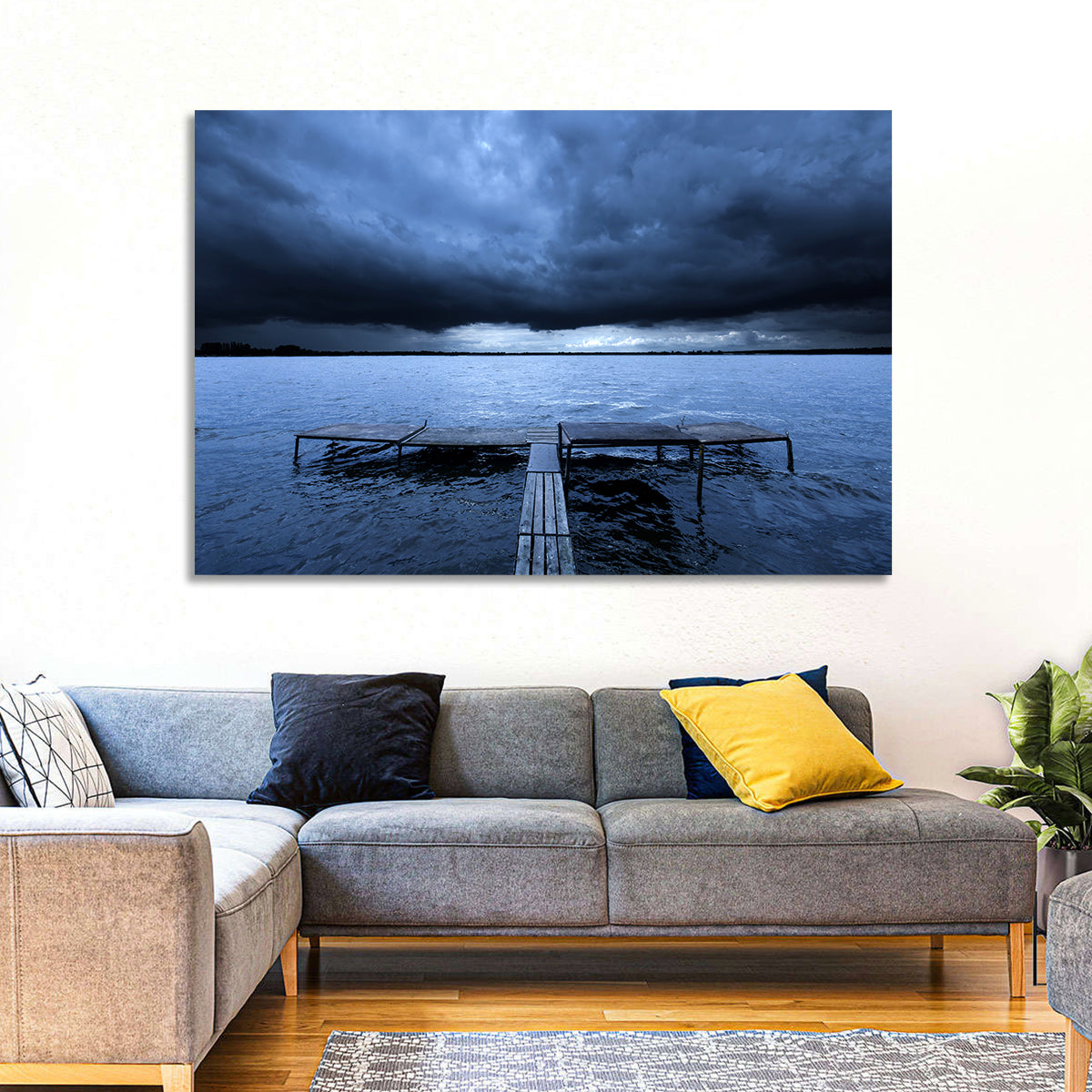 Stormy Lake Pier Wall Art in a room, landscape