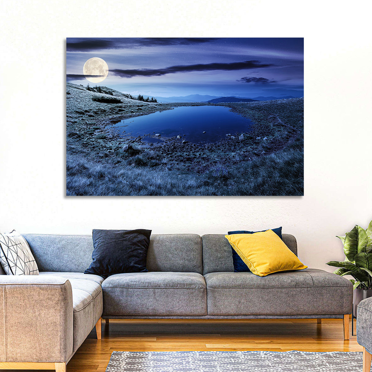 Mountain Lake at Night Wall Art in a room, landscape