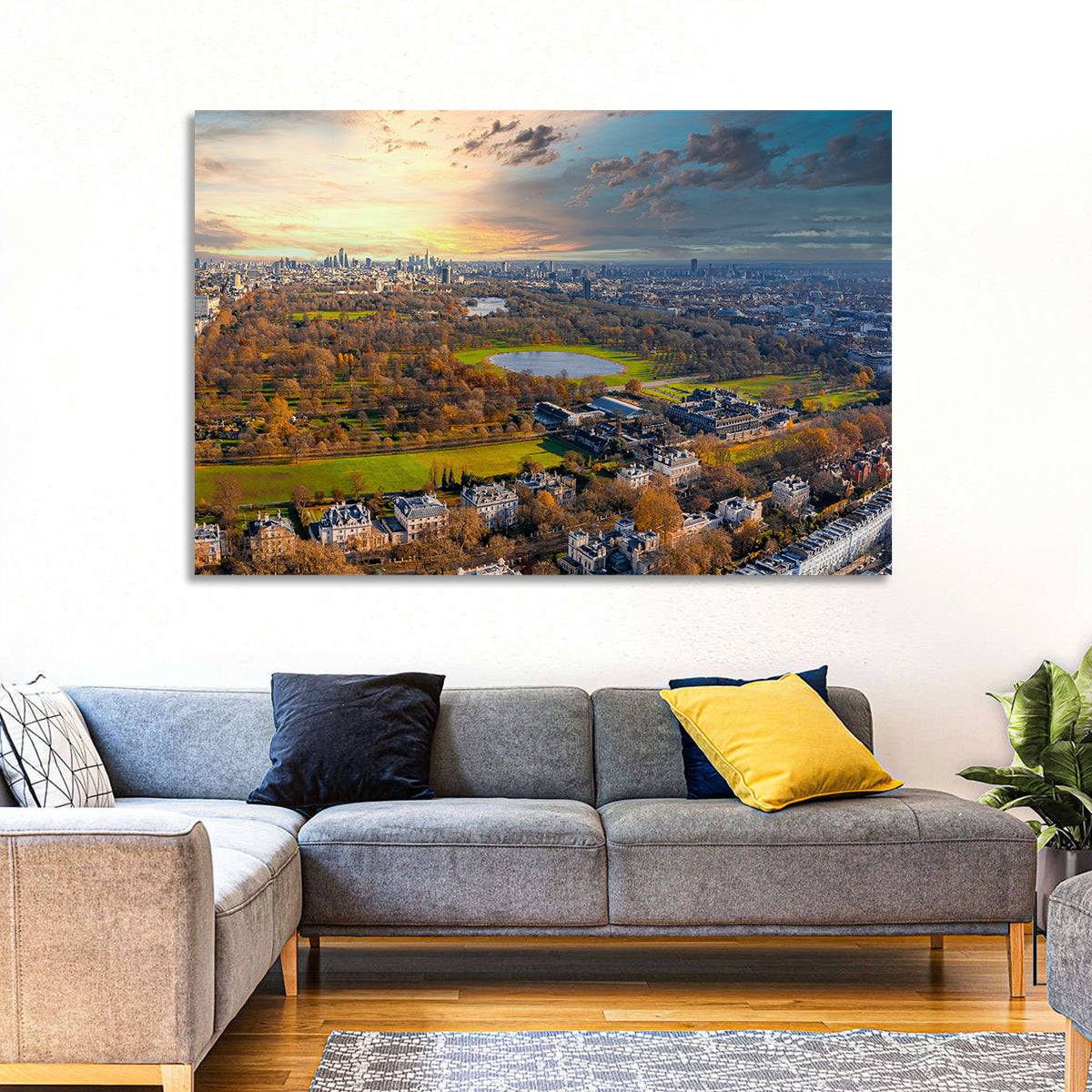 Cloudy Hyde Park Aerial Wall Art in a room, landscape