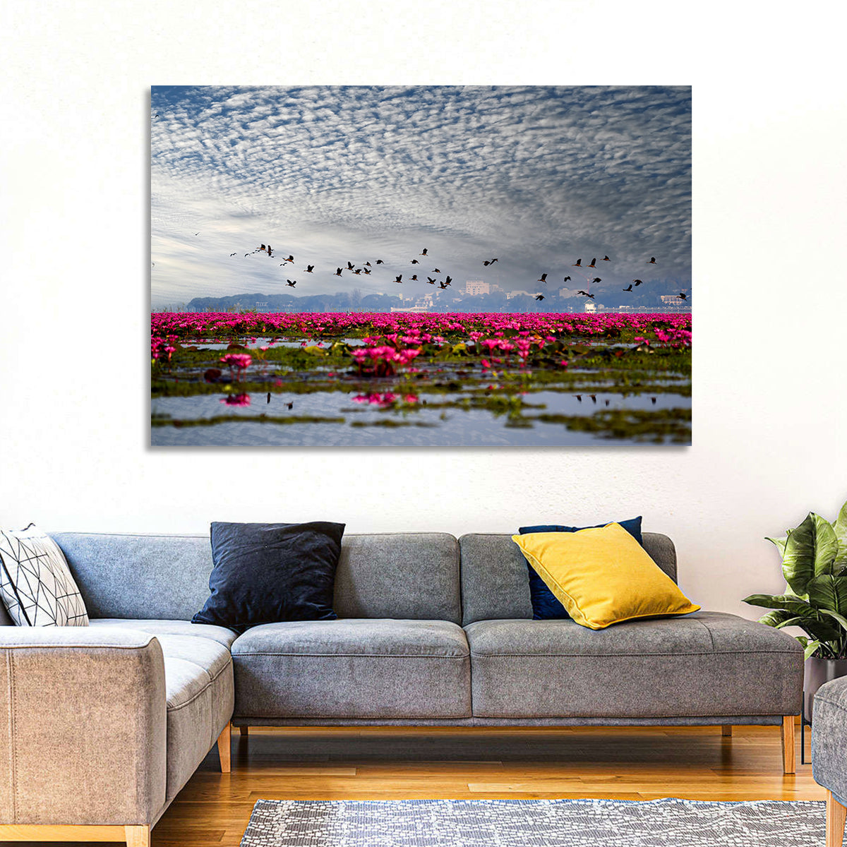 Red Lotus Lake Wall Art in a room, landscape