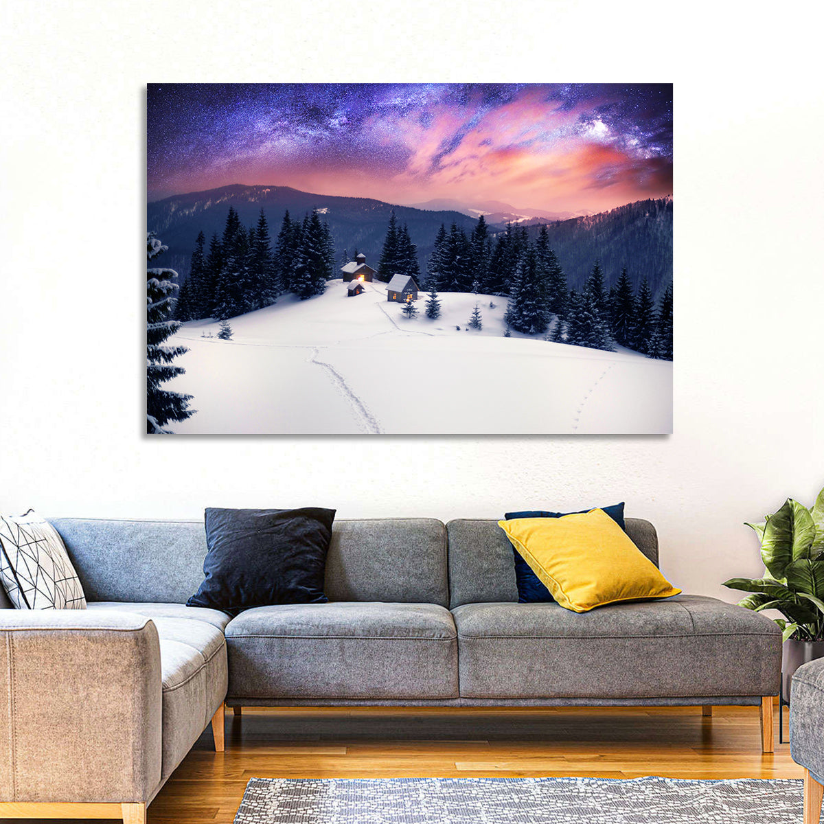 Starry Winter Cabins Under the Milky Way Wall Art
