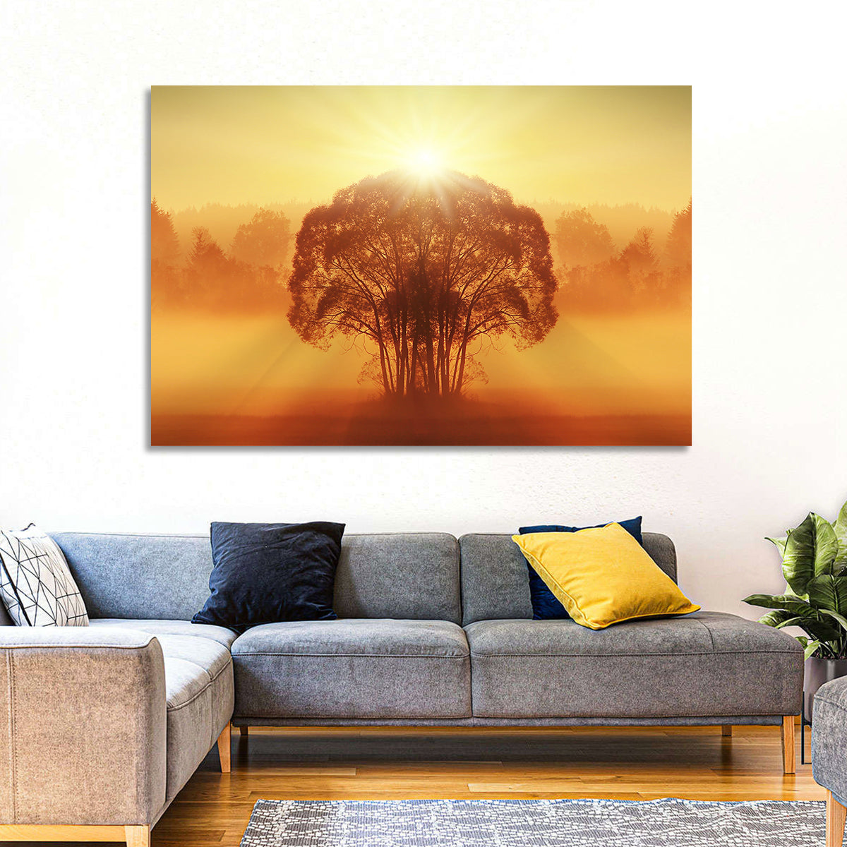 Golden Haze Tree at Sunset Wall Art in a room, landscape
