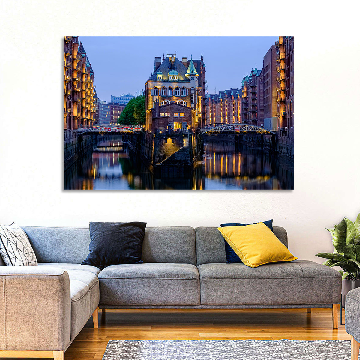 Wasserschloss Blue Hour Reflections Wall Art in a room, landscape