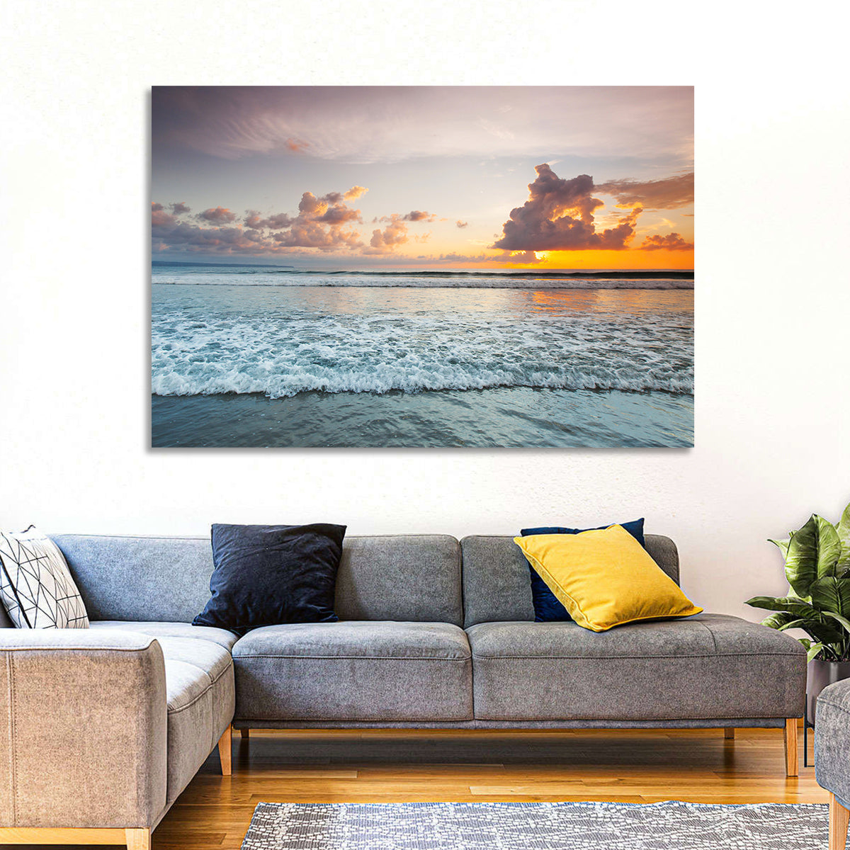 Golden Hour Beach Sunset Surf Wall Art in a room, landscape