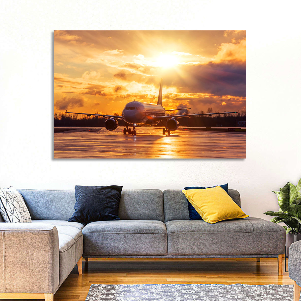 Golden Hour Airliner on Wet Runway Wall Art in a room, landscape