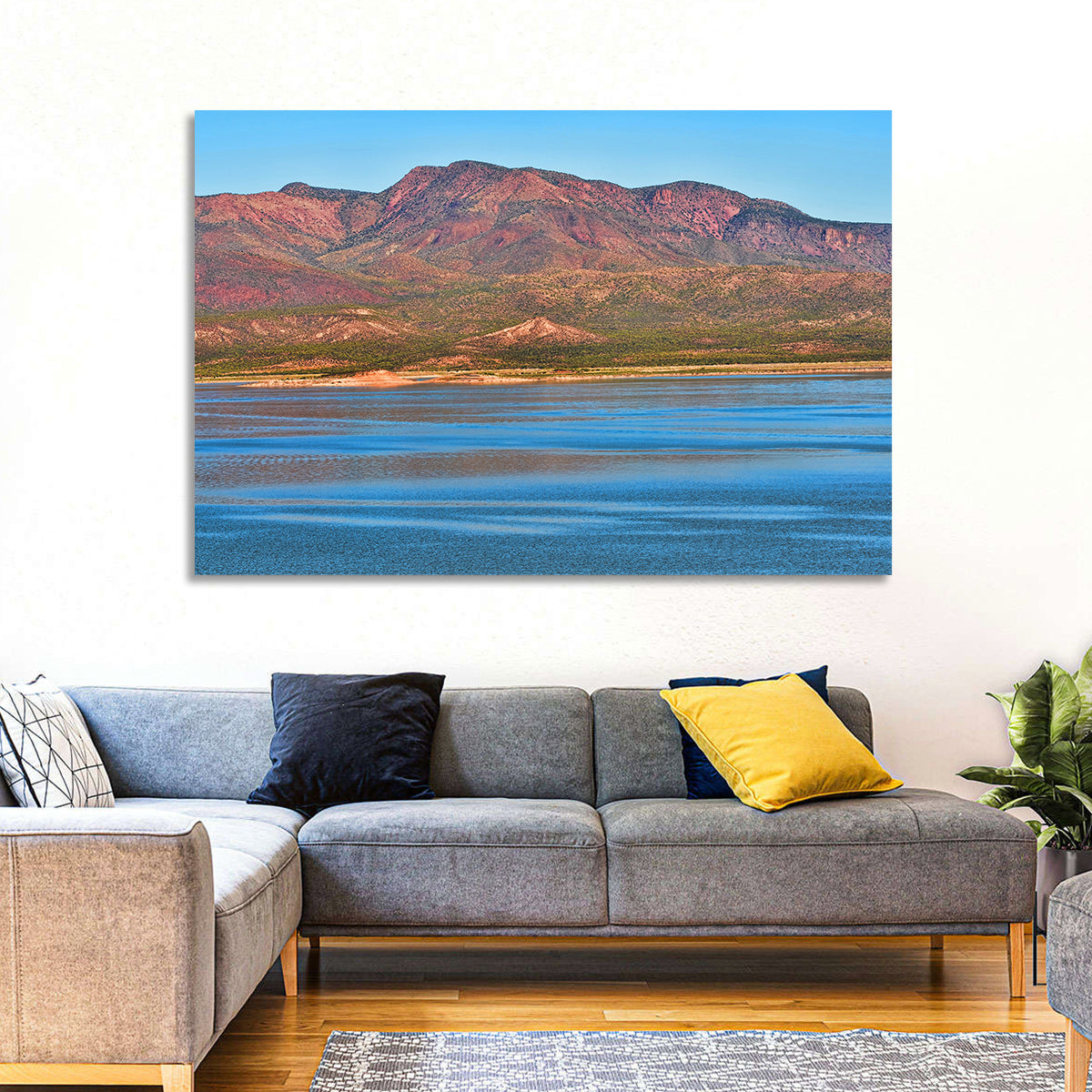 Blue Roosevelt Lake Vista Wall Art in a room, landscape