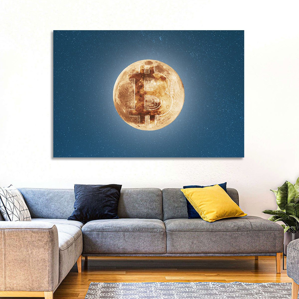 Bitcoin Circuit Moon Wall Art in a room, landscape