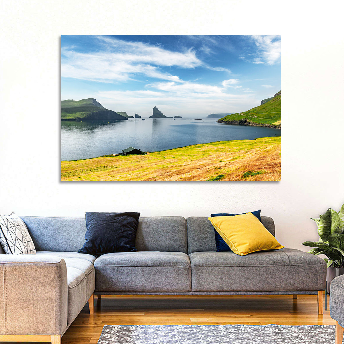 Tindhólmur and Drangarnir Coastal Bay Wall Art in a room, landscape
