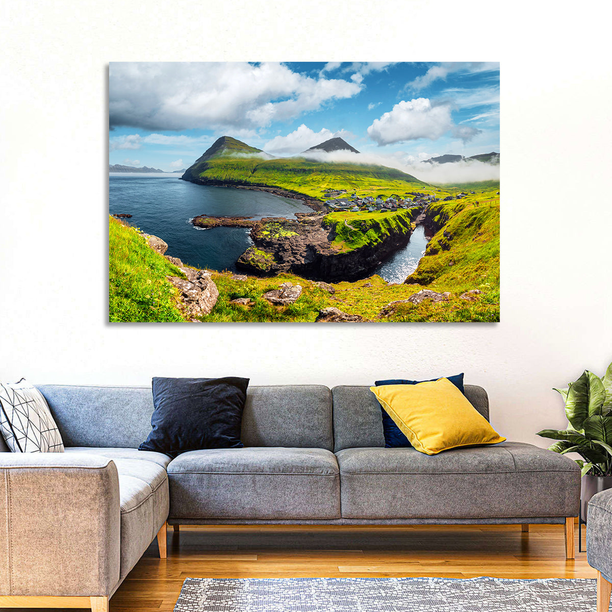 Gjógv Harbor Coastal Village Wall Art in a room, landscape