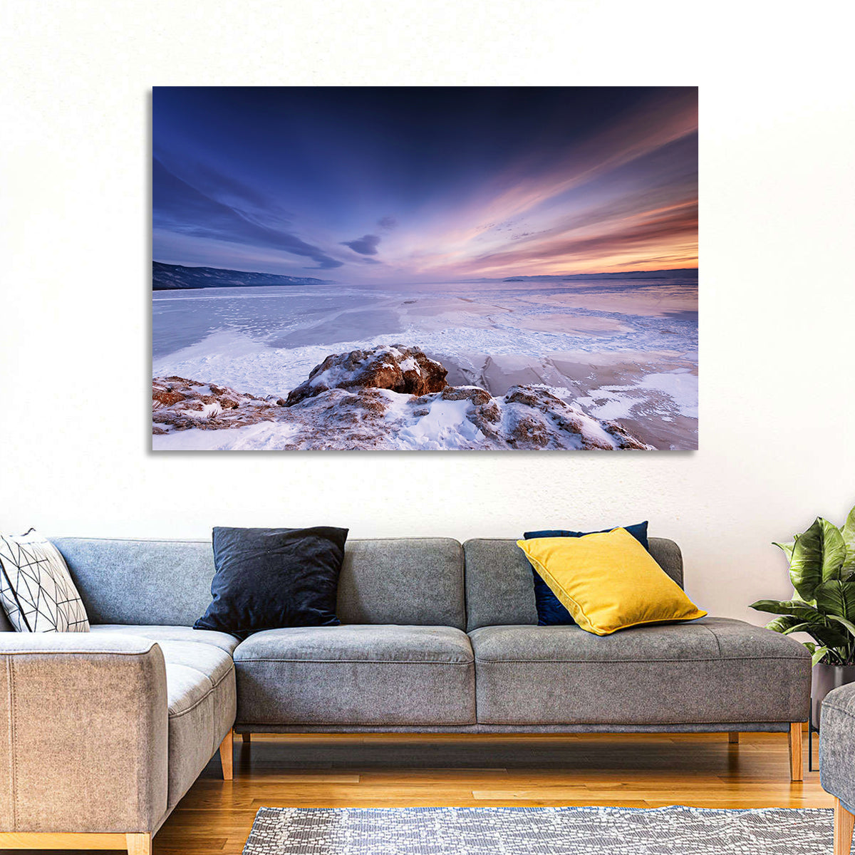 Frozen Lake Ice and Sunset Sky Wall Art in a room, landscape