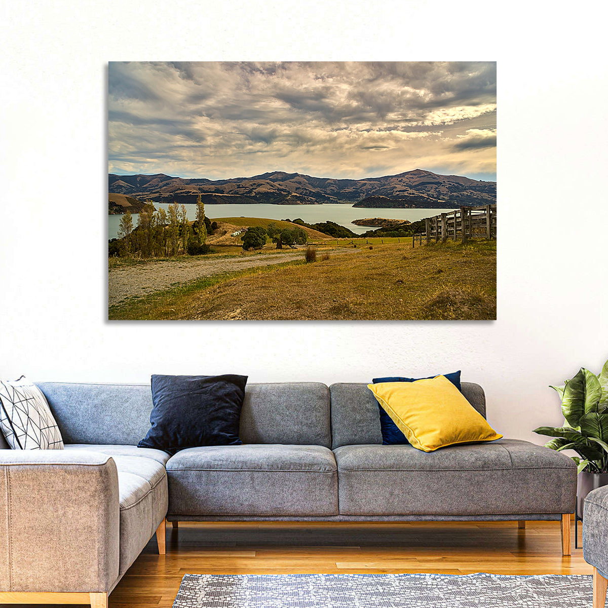 Akaroa Lake Gravel Path View Wall Art in a room, landscape
