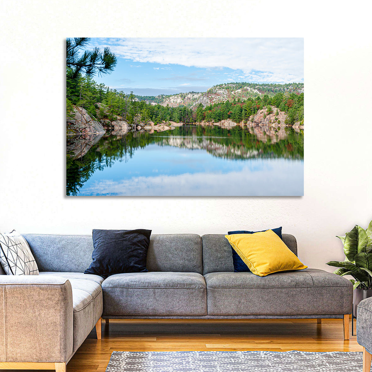 Mirror-quiet Lake and Pines Wall Art in a room, landscape