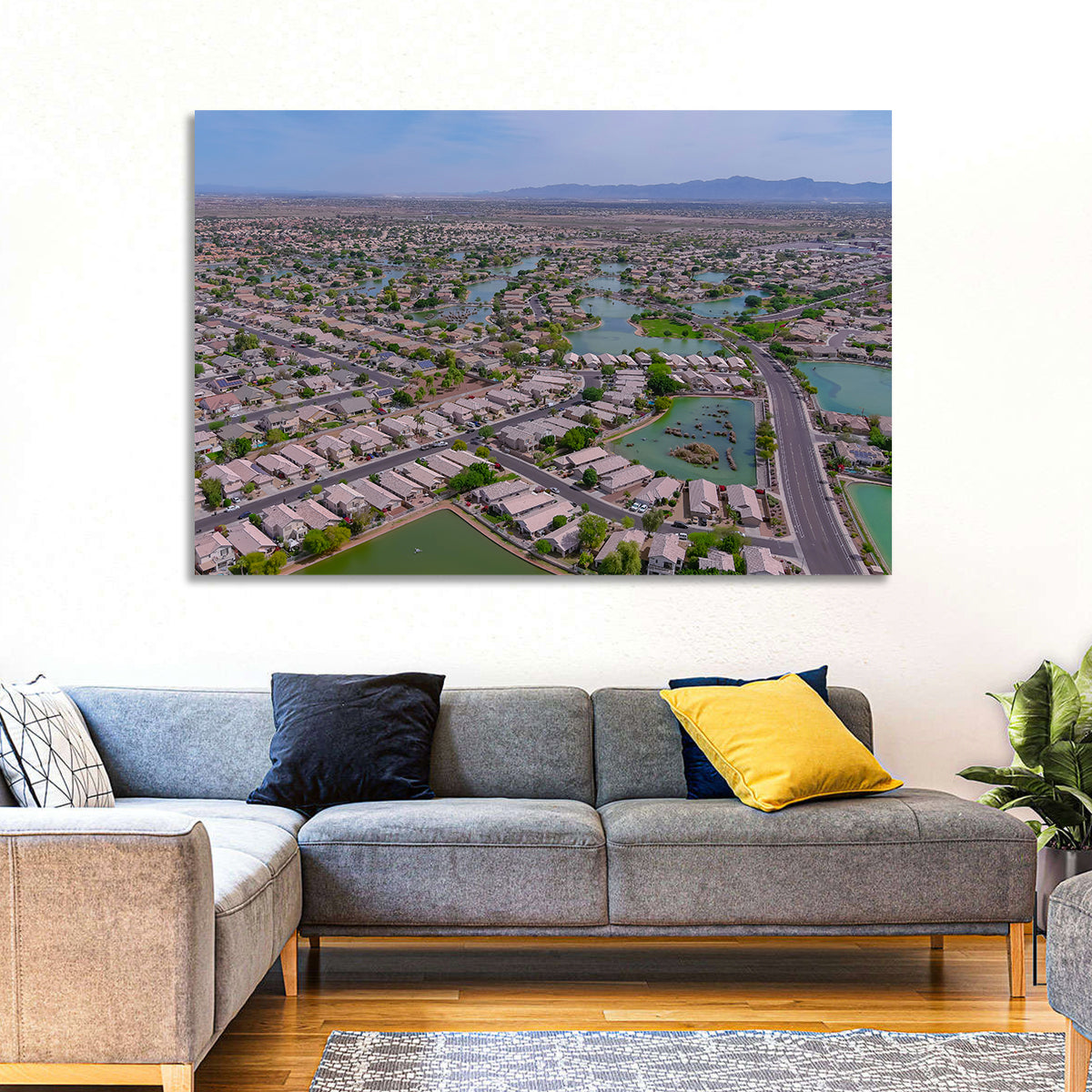 Aerial Desert Suburb with Lakes Wall Art in a room, landscape