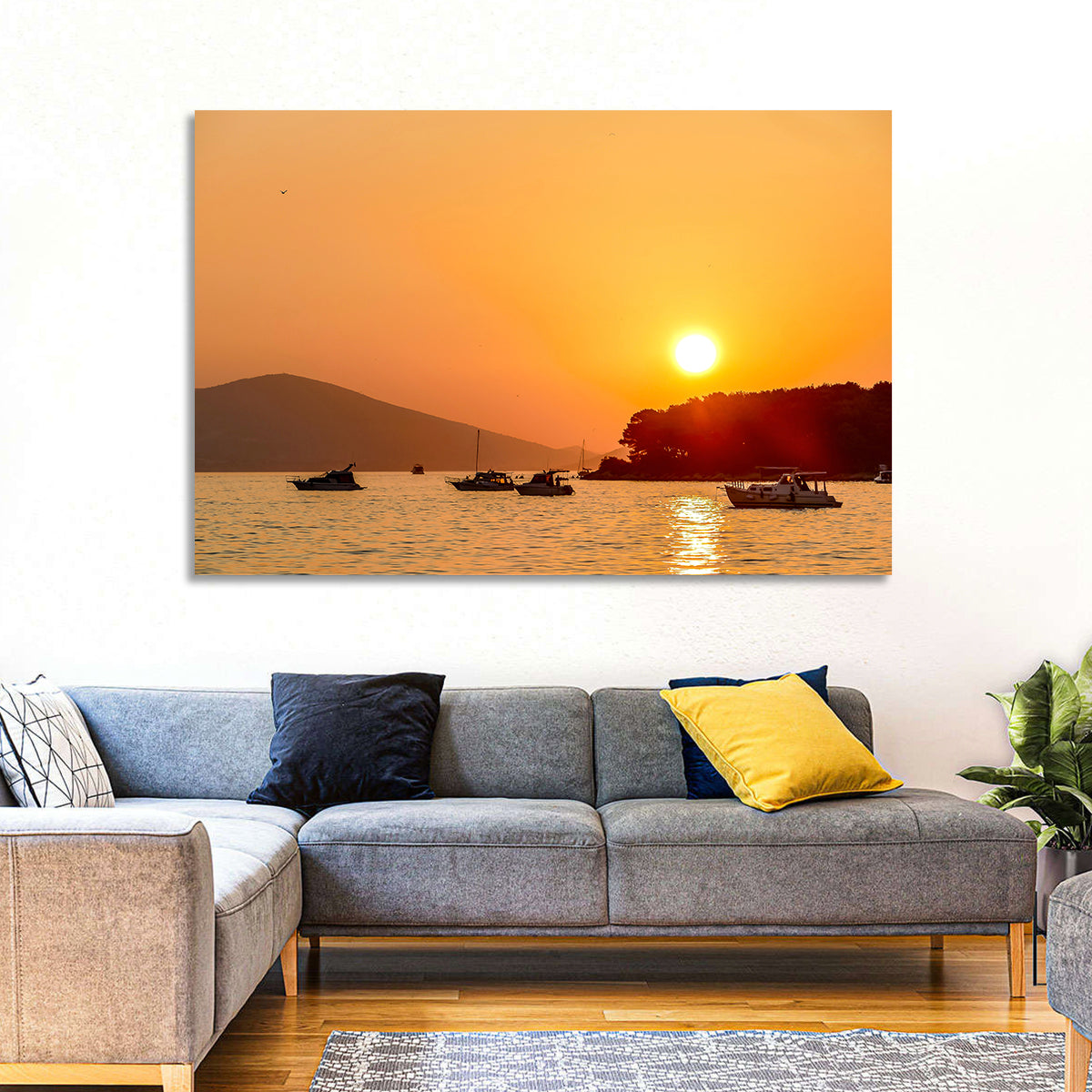 Golden Harbor Sunset Wall Art in a room, landscape