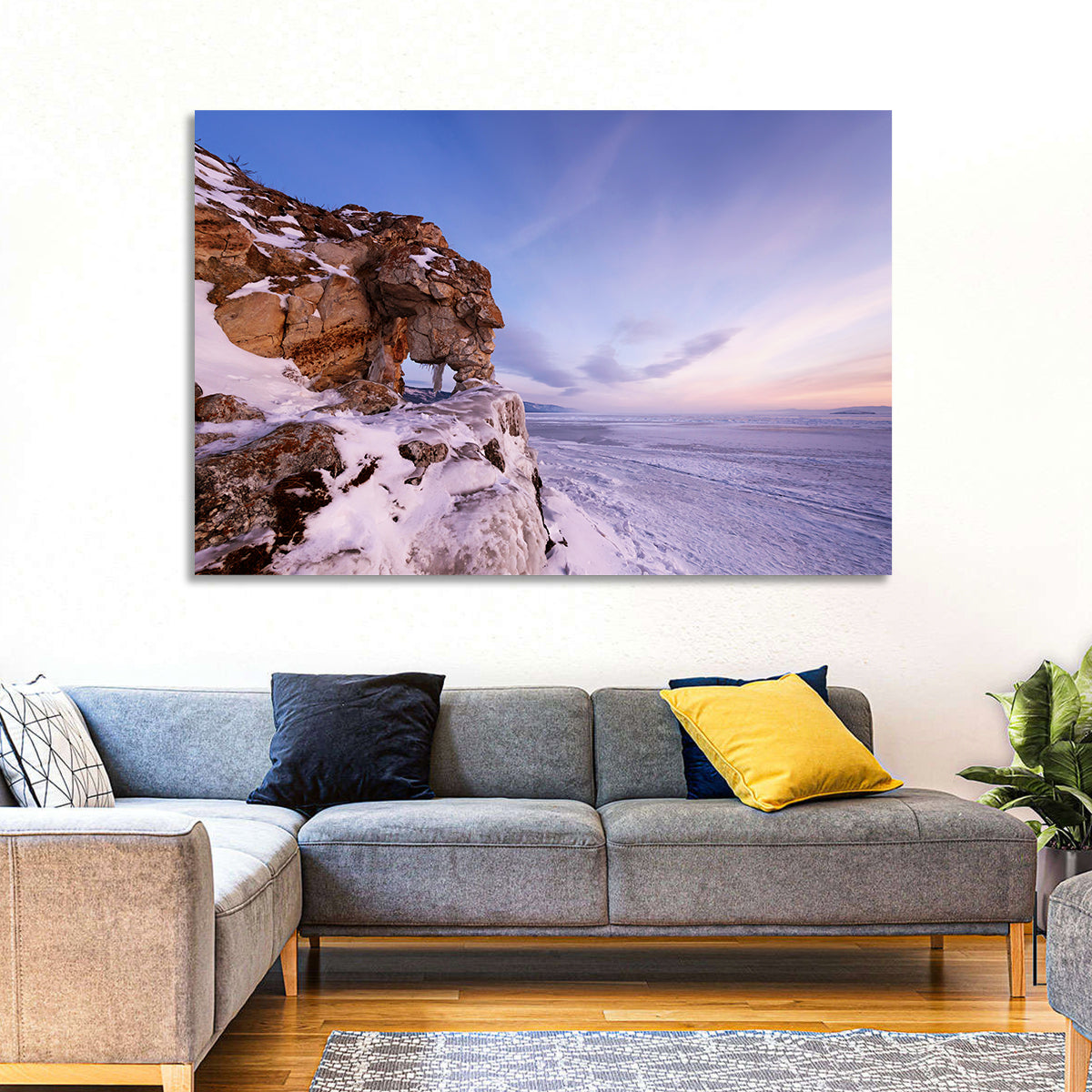 Lake Baikal Rock Arch at Winter Twilight Wall Art in a room, landscape