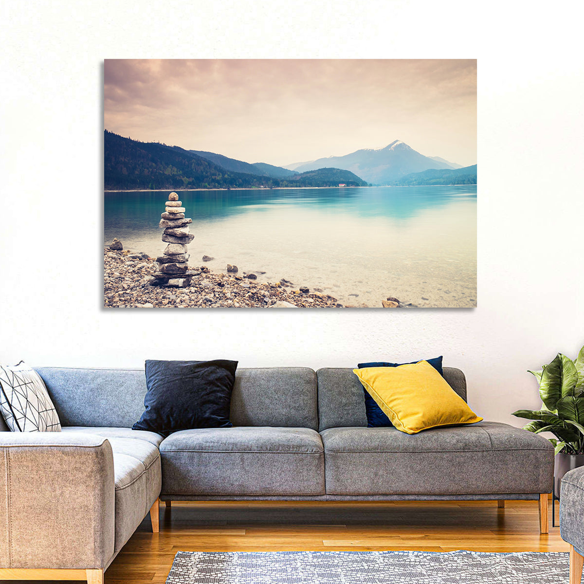 Stone Cairn by a Mountain Lake Wall Art in a room, landscape