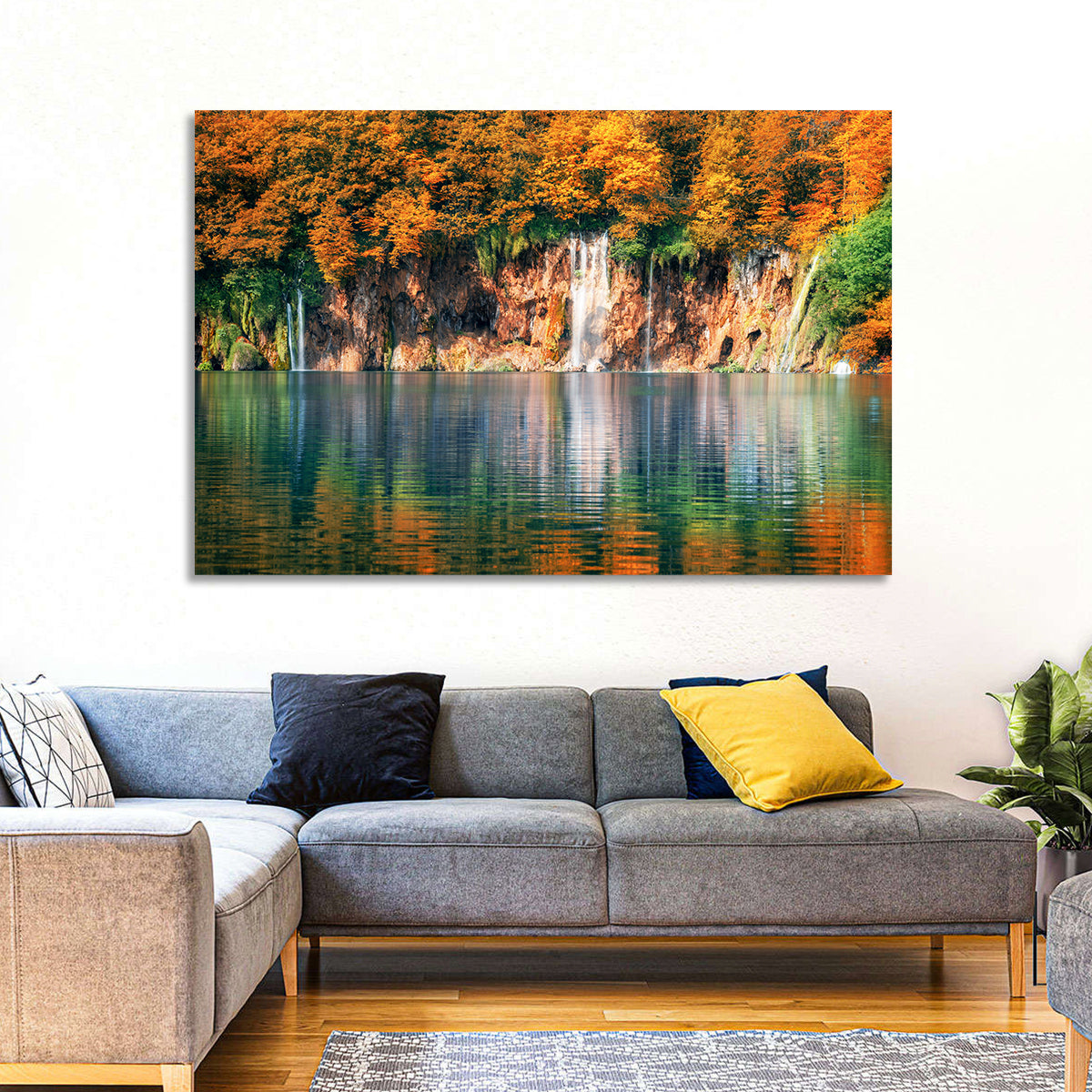 Autumn Reflections at Plitvice Lakes Wall Art in a room, landscape