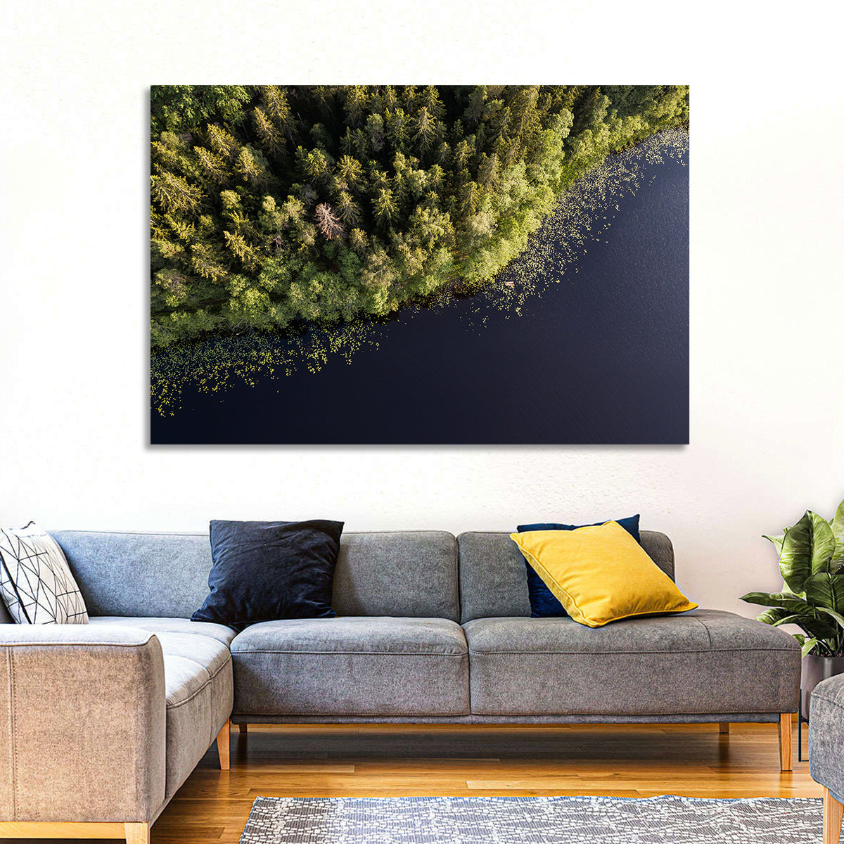Aerial Lake with Red Boat Wall Art in a room, landscape