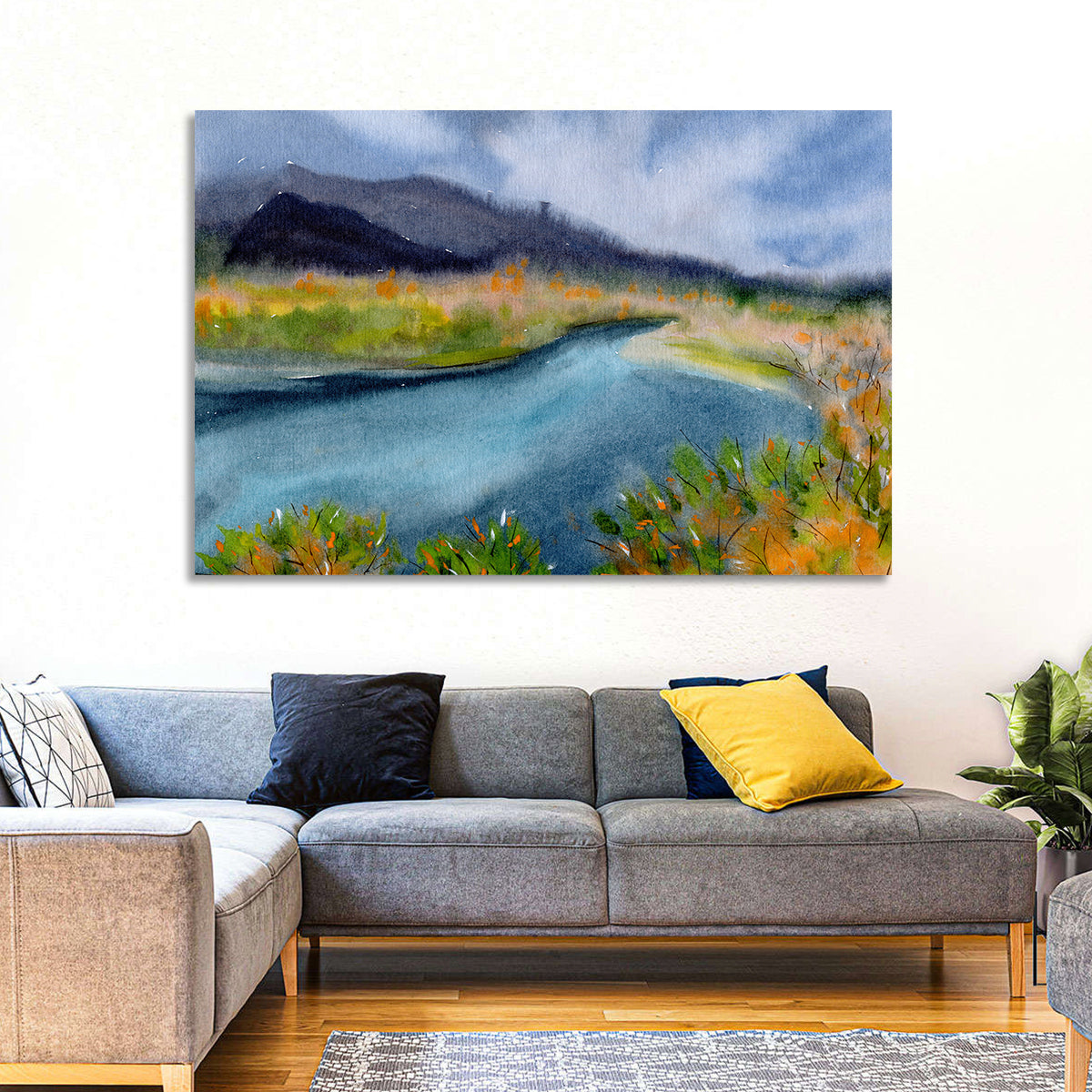 Misty Autumn River and Mountain Landscape Wall Art in a room, landscape