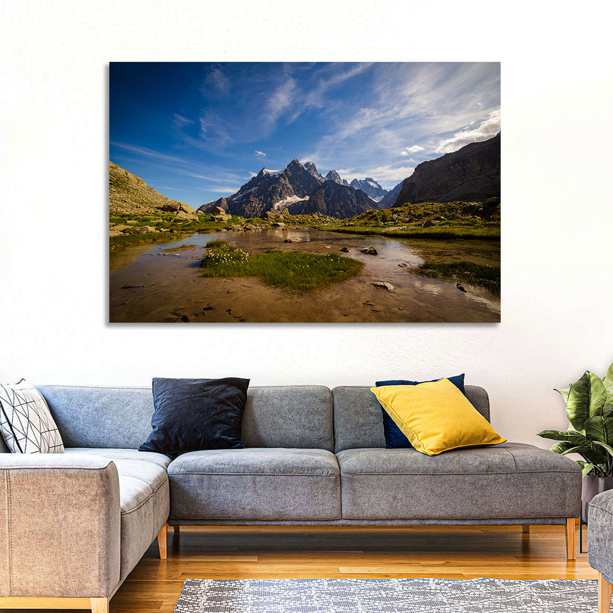La Meije Alpine Lake and Stone Hut Wall Art in a room, landscape