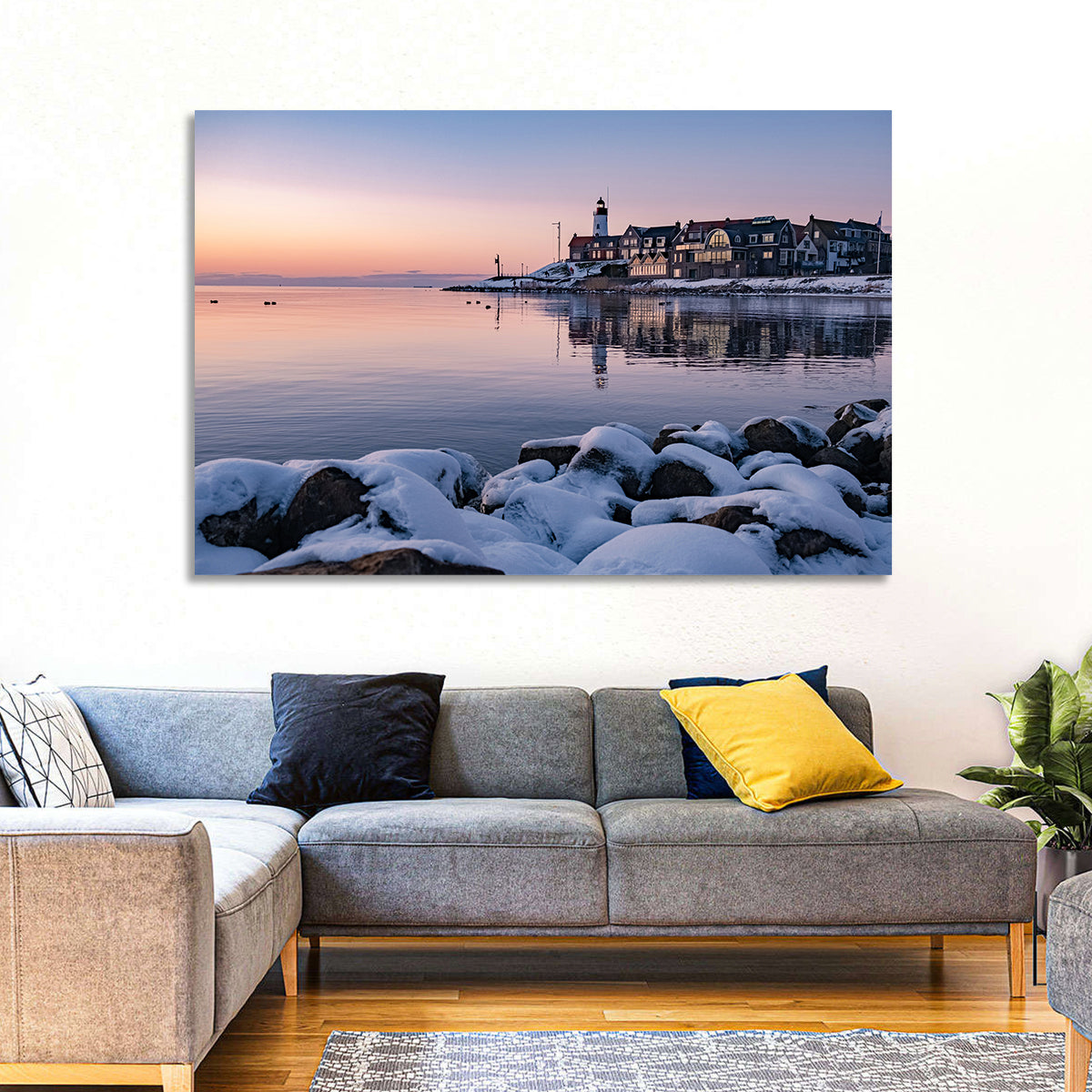 Urk Lighthouse Winter Twilight Harbor Wall Art in a room, landscape