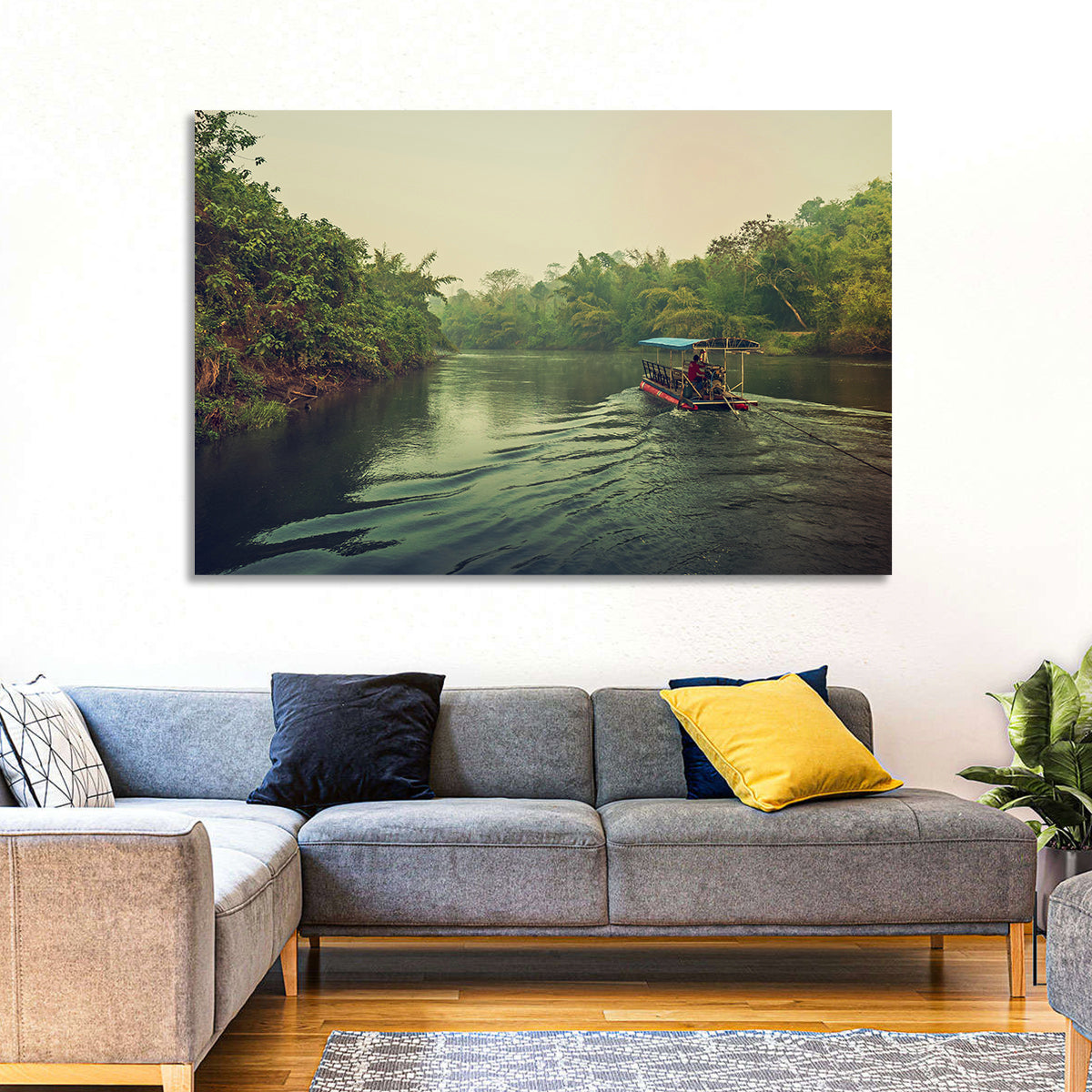 Misty Long-tail Boat on River Kwai Wall Art in a room, landscape