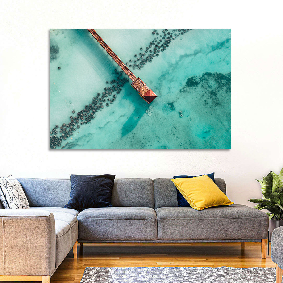 Aerial Red Pier Over Turquoise Water Wall Art in a room, landscape