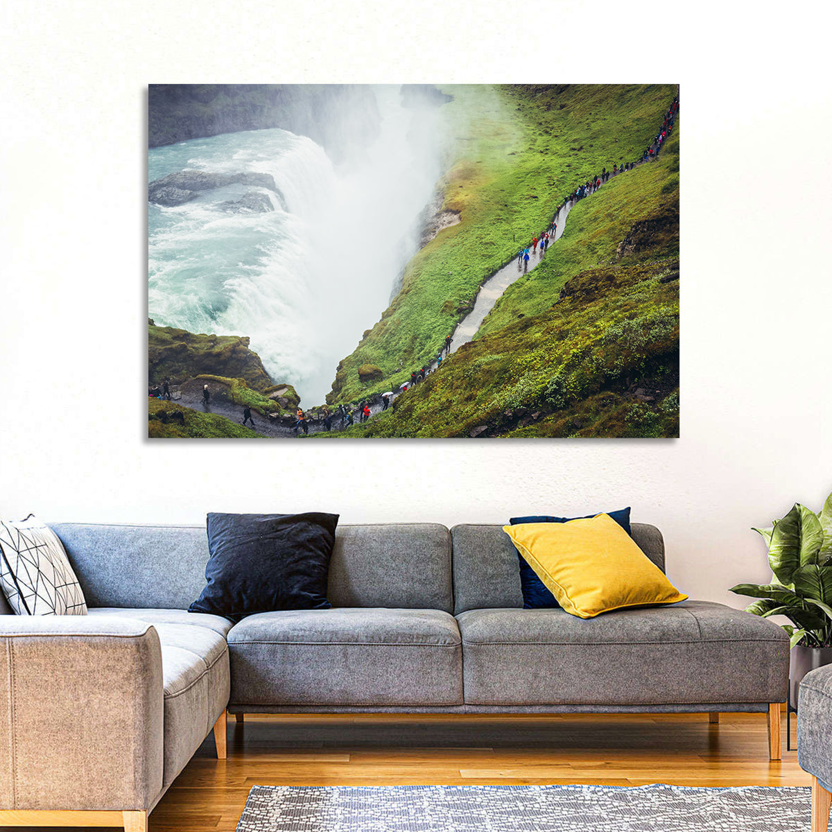 Misty Path at Gullfoss Waterfall Wall Art in a room, landscape