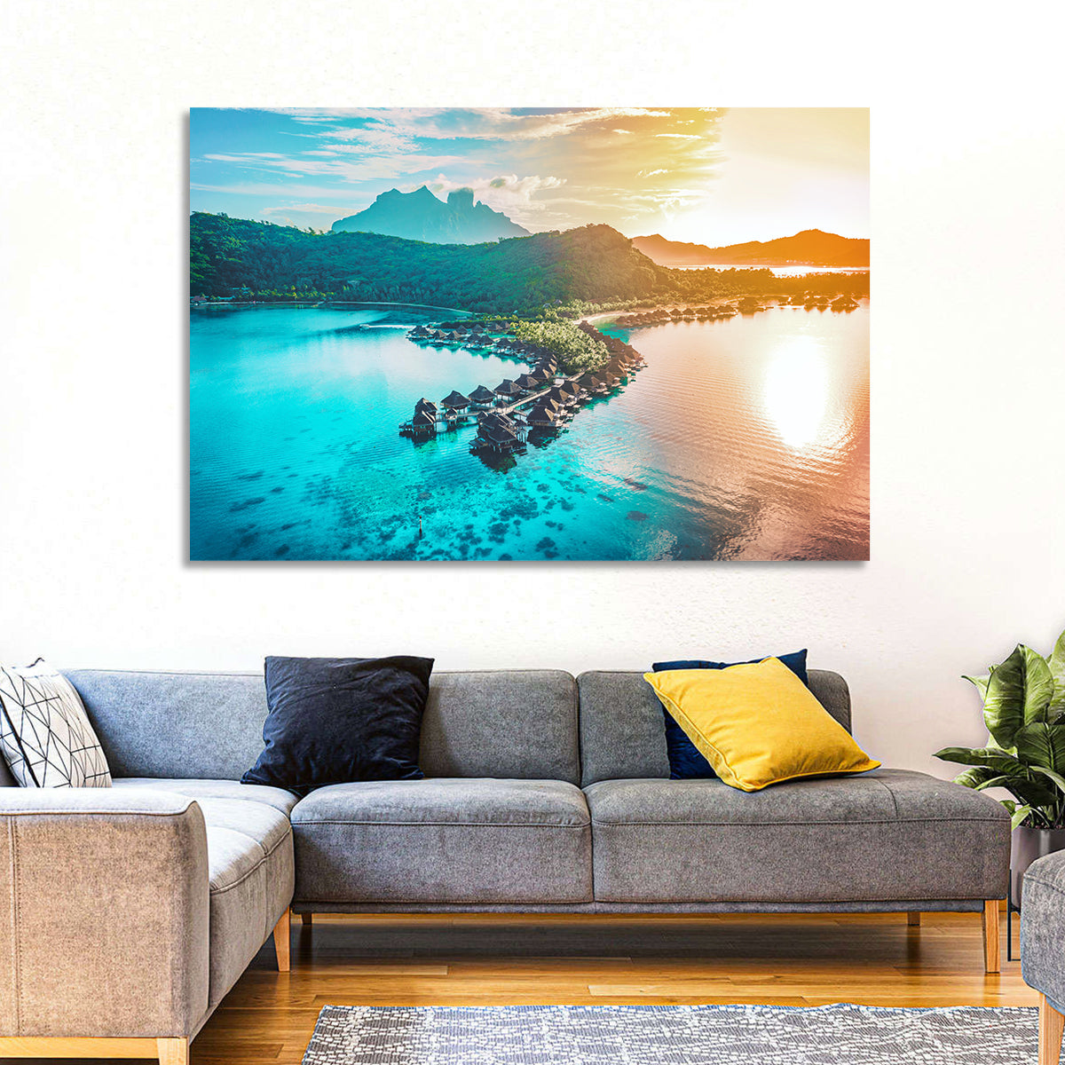 Bora Bora Overwater Bungalows Wall Art in a room, landscape