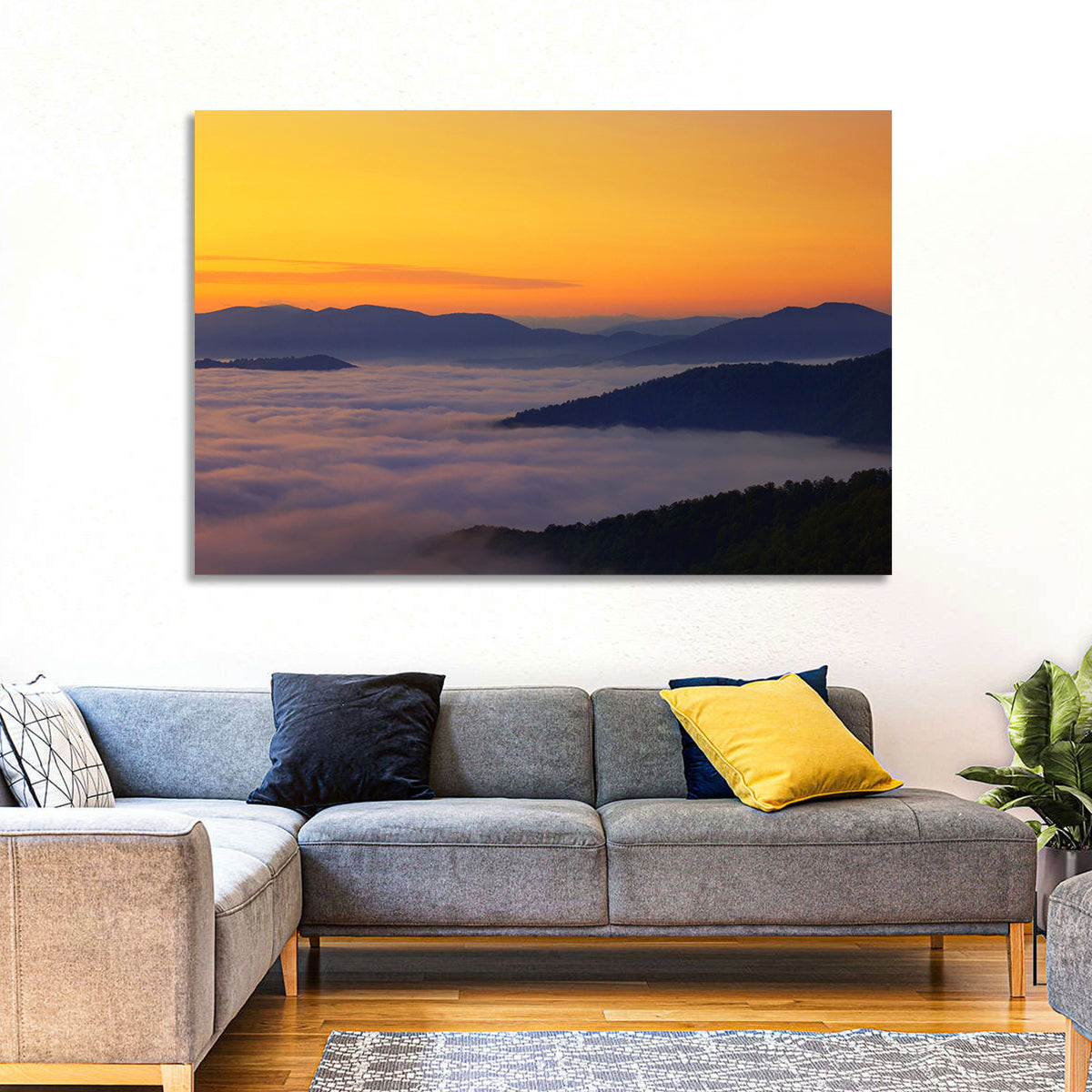 Cloud Sea Over Mountains at Golden Dawn Wall Art in a room, landscape