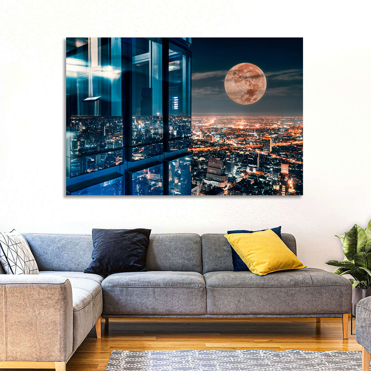 Bangkok Moonlit Skyline Wall Art in a room, landscape