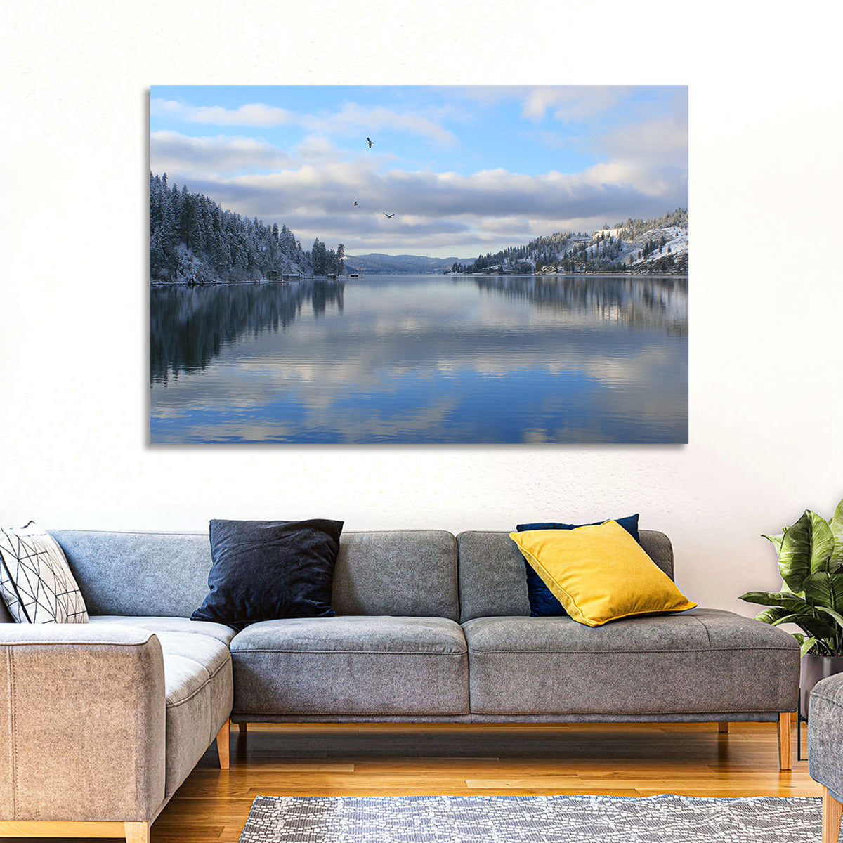 Coeur D Alene Winter Lake Reflection Wall Art in a room, landscape