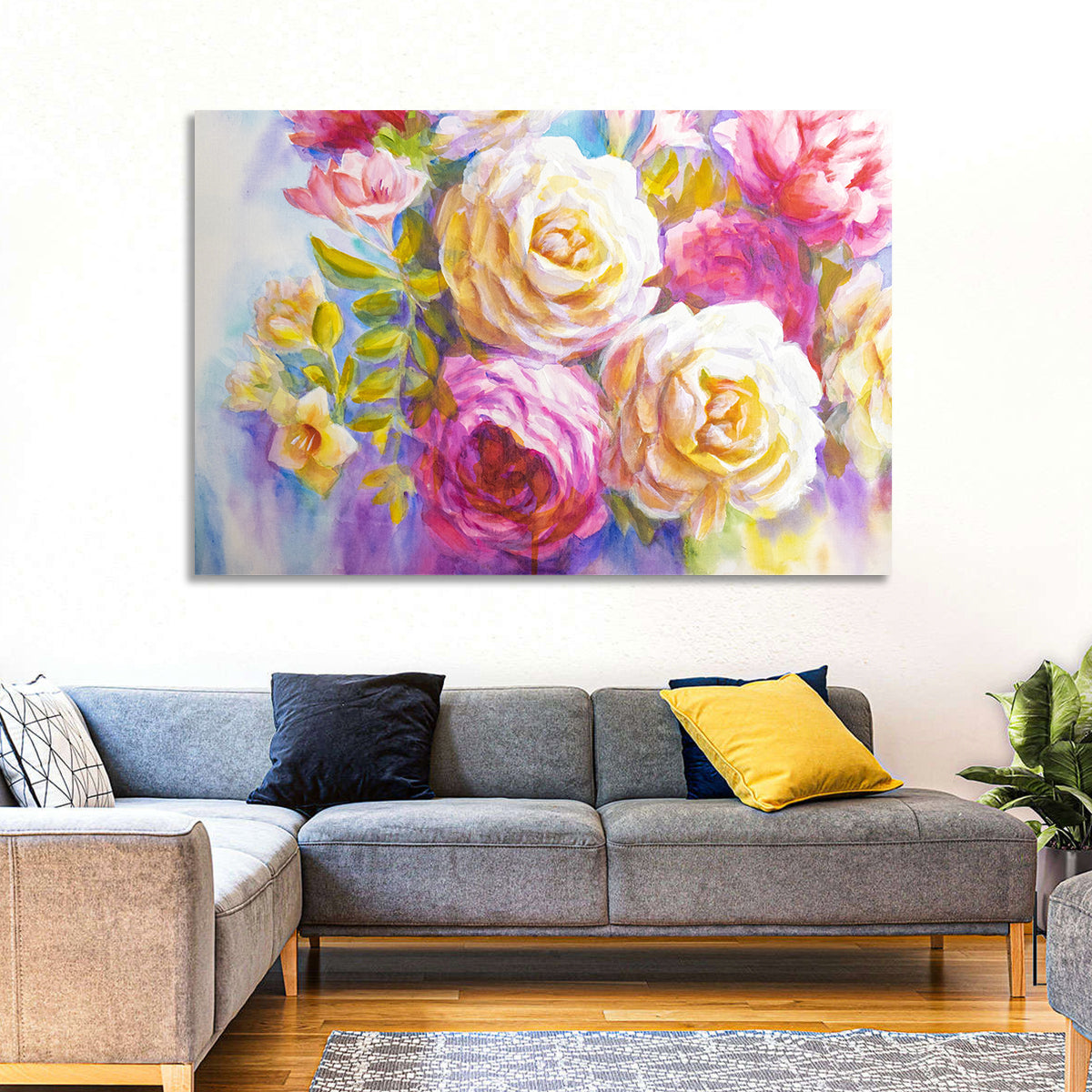 Layered Watercolor Rose Bouquet Wall Art in a room, landscape