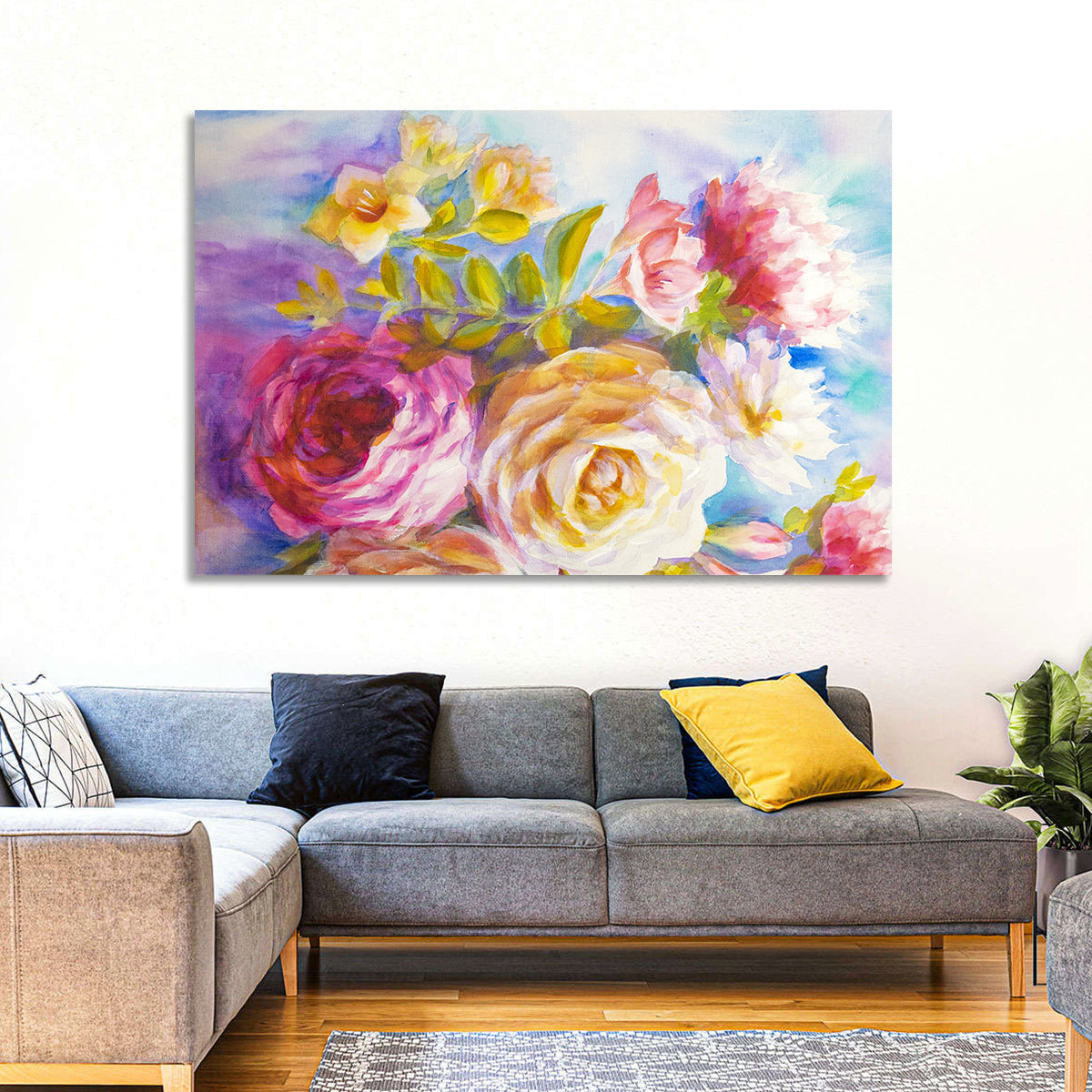Painterly Peonies and Rose Bouquet Wall Art in a room, landscape
