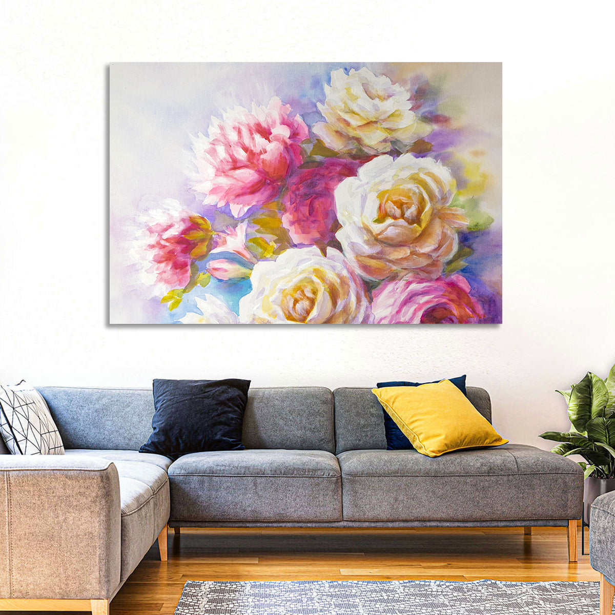 Watercolor Peony Bouquet Wall Art in a room, landscape