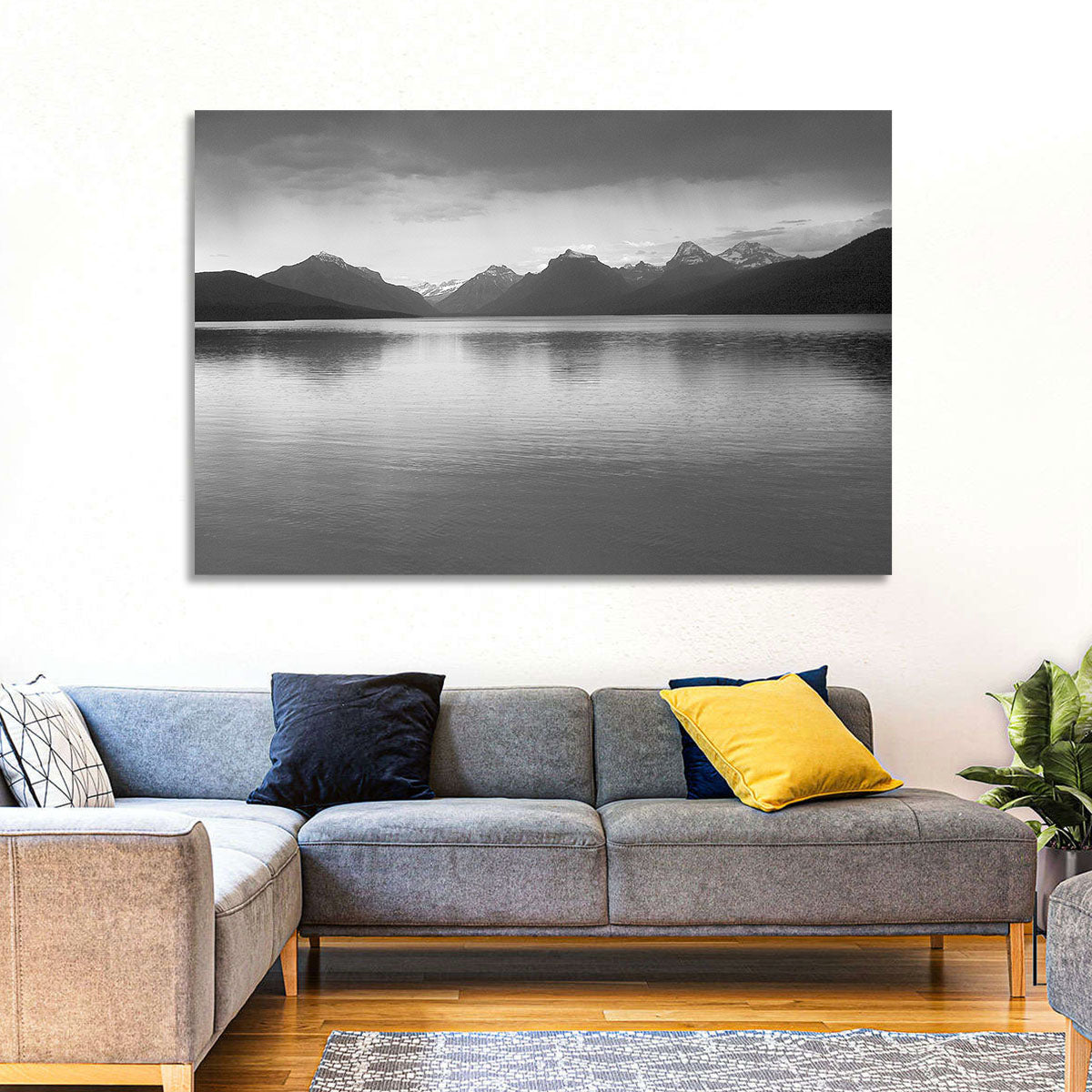 Lake Mcdonald Monochrome Reflection Wall Art in a room, landscape