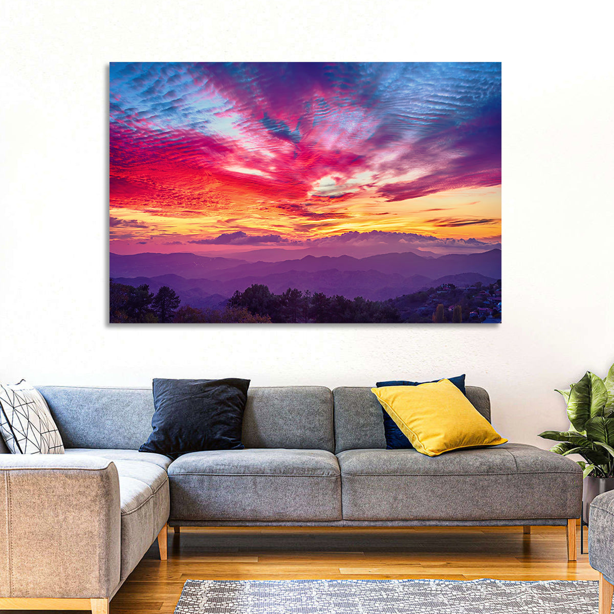 Golden Dusk Cloud Mountains Wall Art in a room, landscape