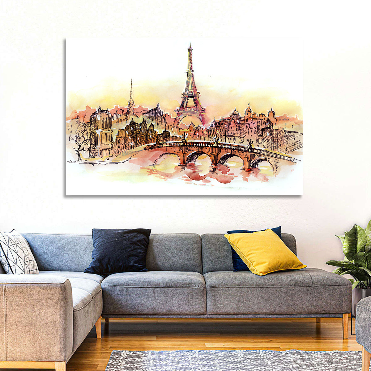 Eiffel Tower Watercolor at Dusk Wall Art