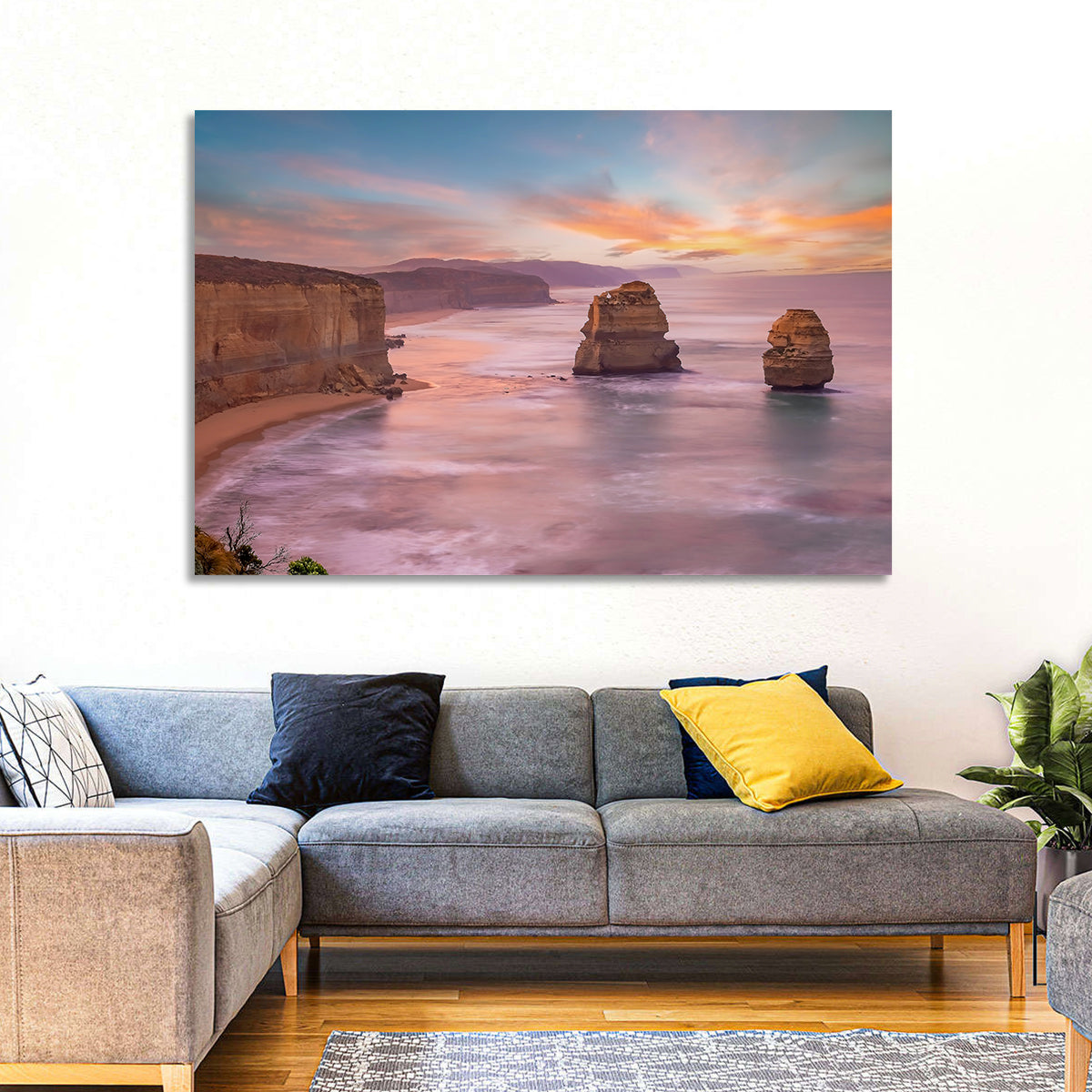 Twelve Apostles Sunset Sea Stacks Wall Art in a room, landscape