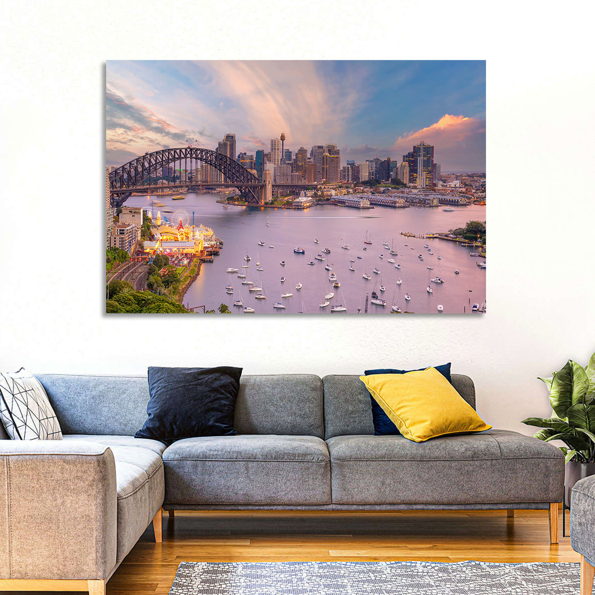 Sydney Harbour Bridge at Golden Twilight Wall Art in a room, landscape