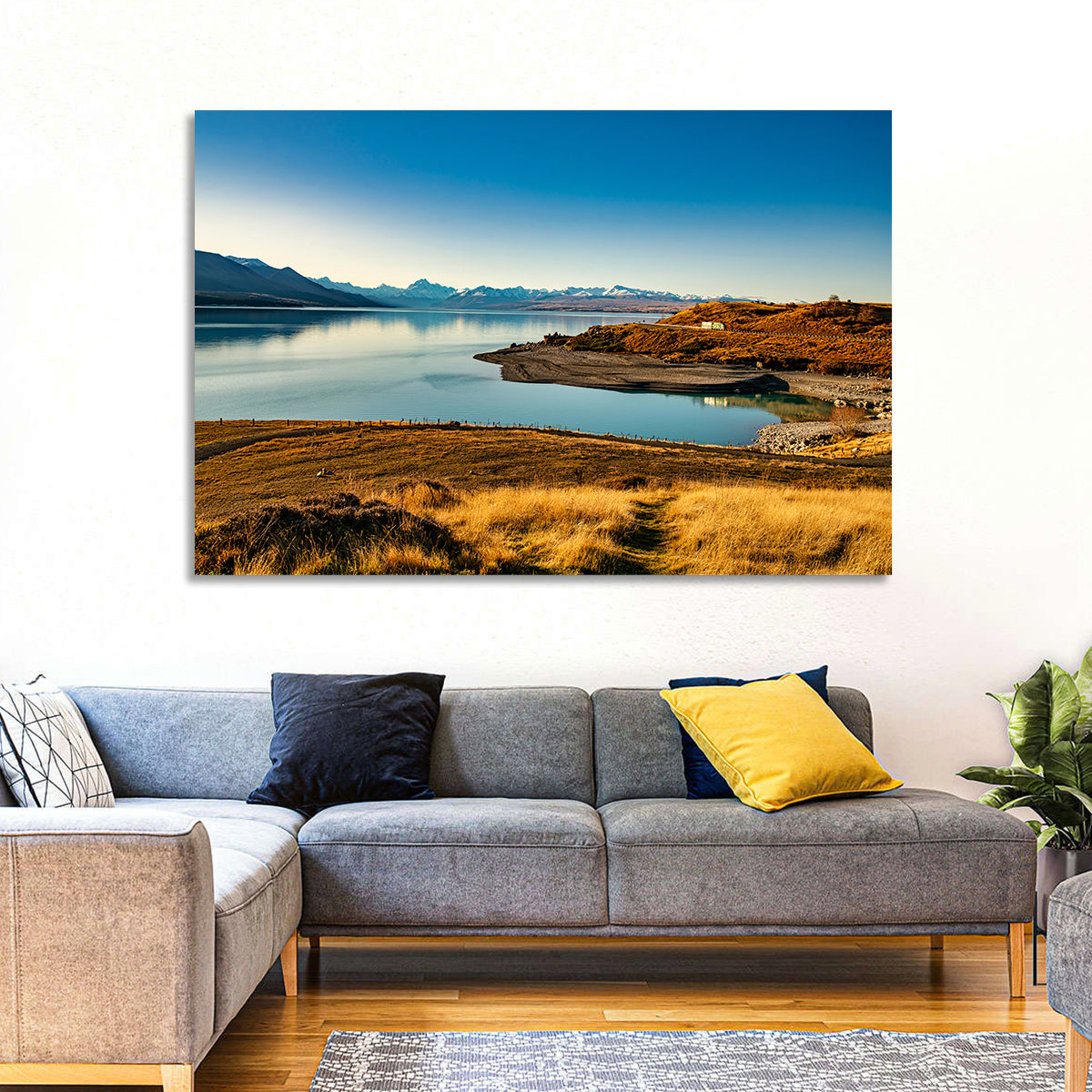 Lake Pukaki Golden Hour with Mount Cook Wall Art in a room, landscape