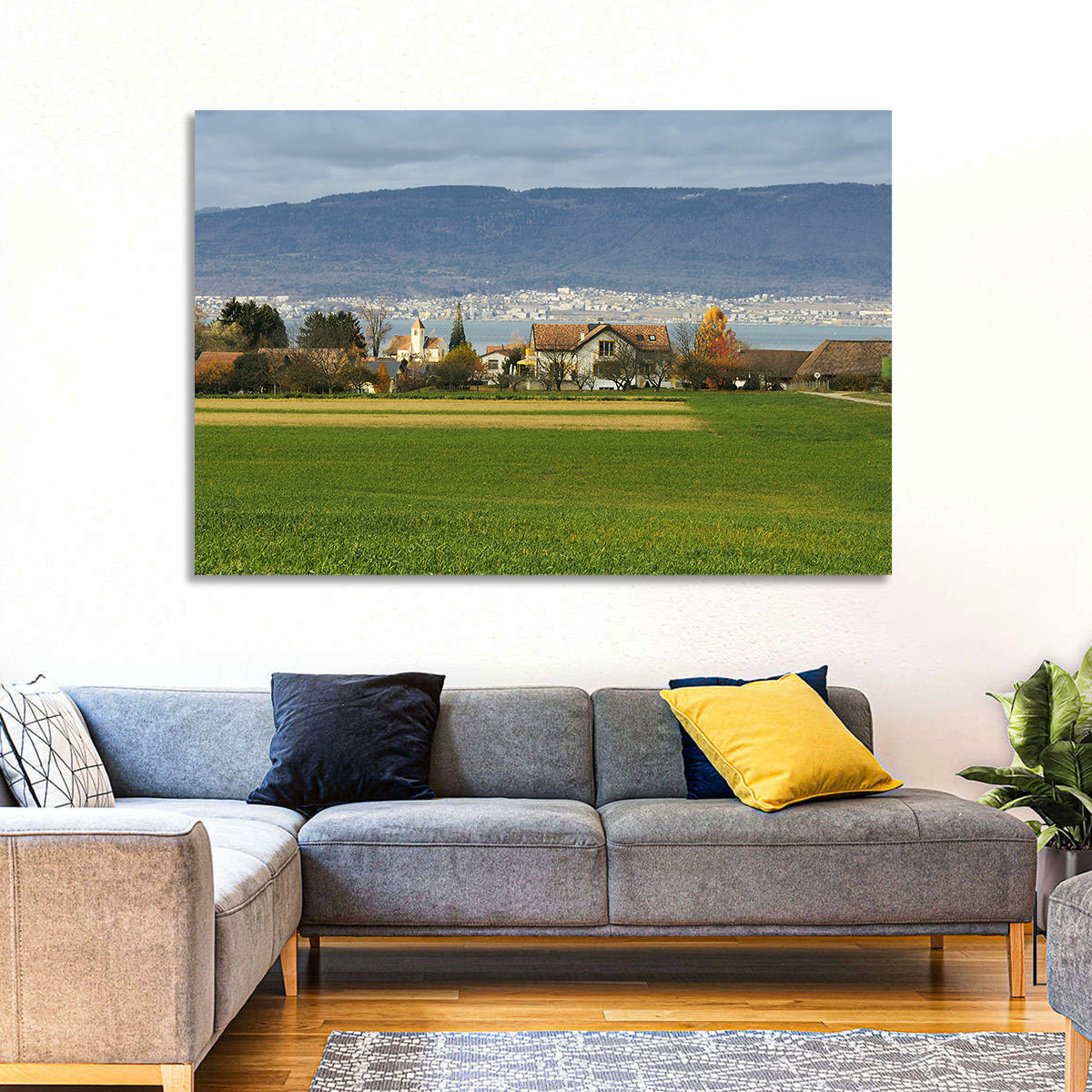 Lake Neuchatel Countryside View Wall Art in a room, landscape