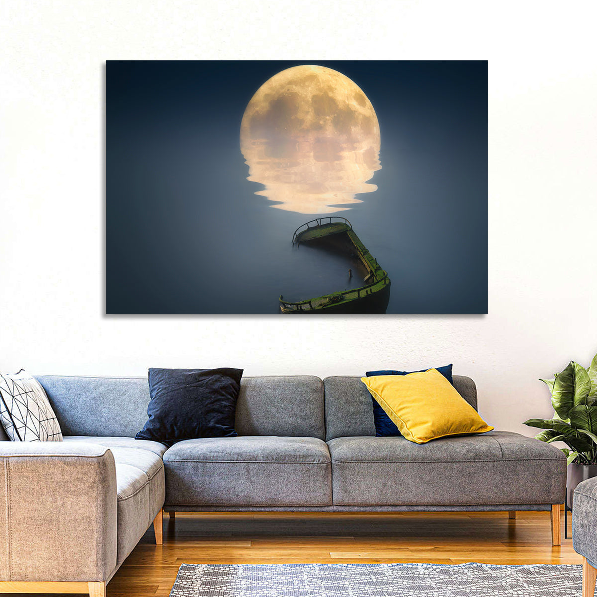 Moonlit Shipwreck Reflection Wall Art in a room, landscape